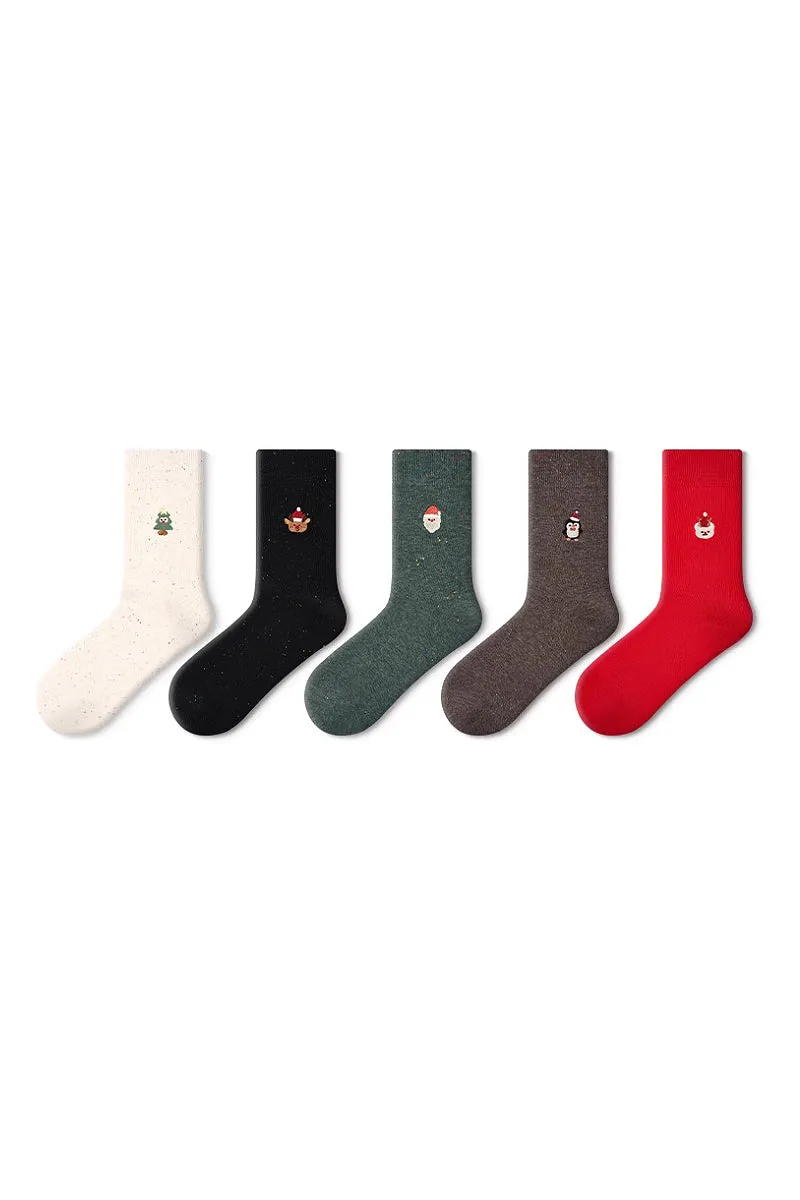 Cute Christmas-Themed Cotton Blend Crew Socks Set_5-Pack
