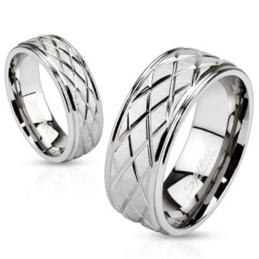 Diamond Groove Cut Engraved Two Tone Band Ring Stainless Steel