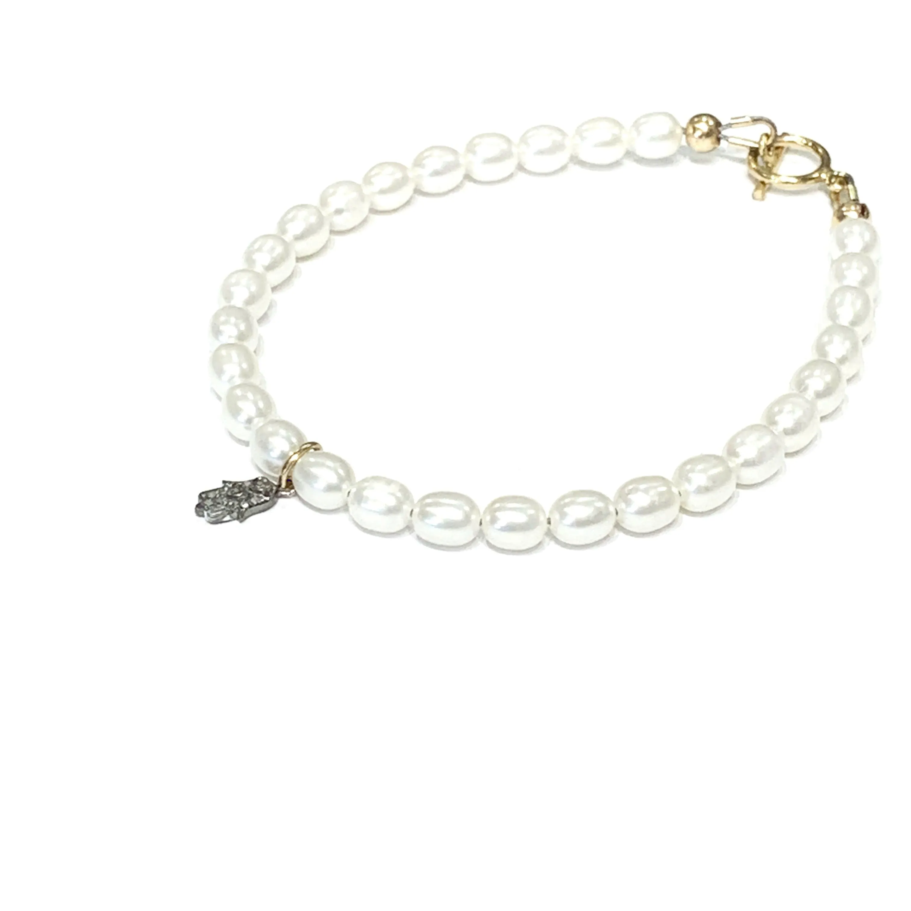 Fresh Water Pearl Diamond paved Humza charm bracelet