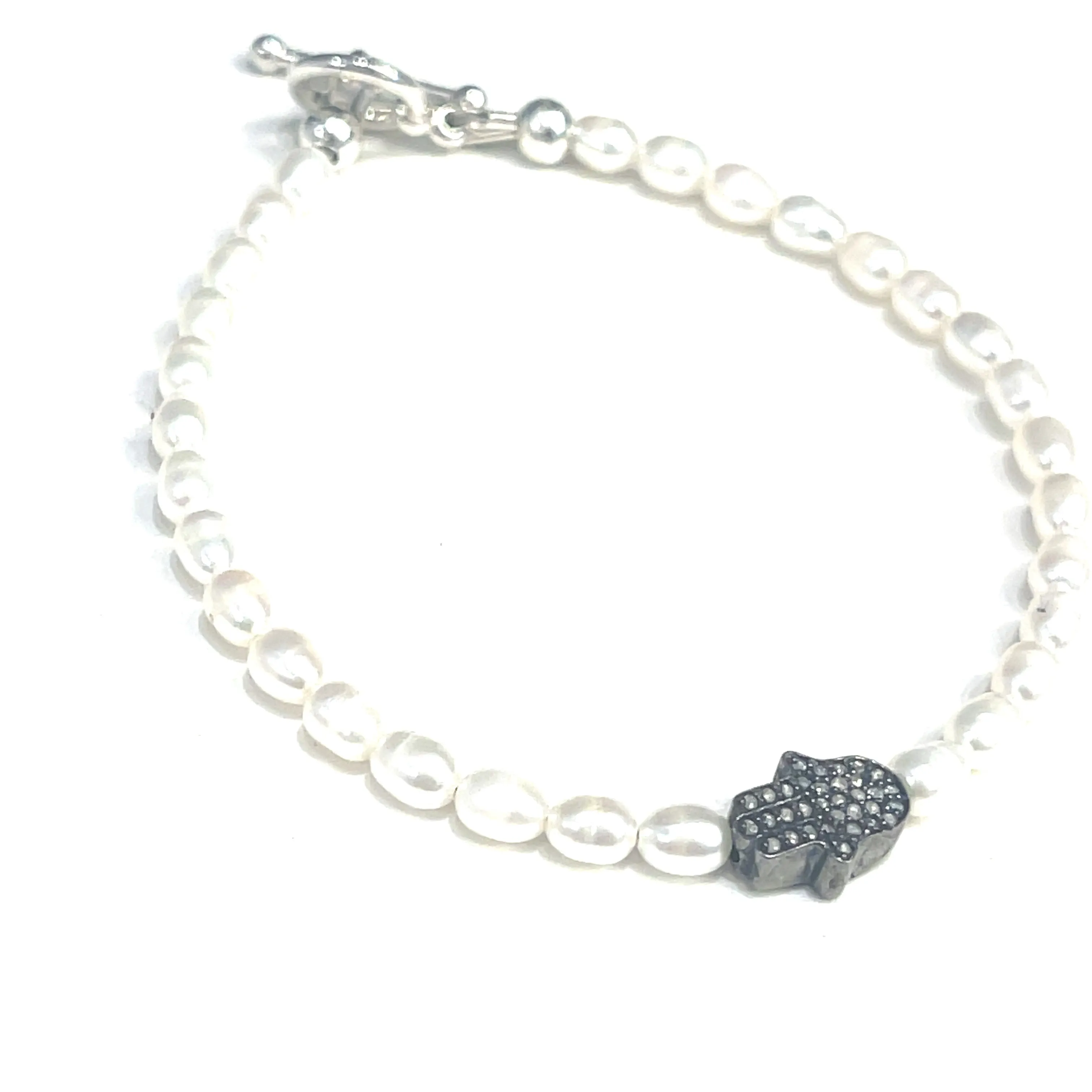 Fresh Water Pearl Diamond paved Humza charm bracelet