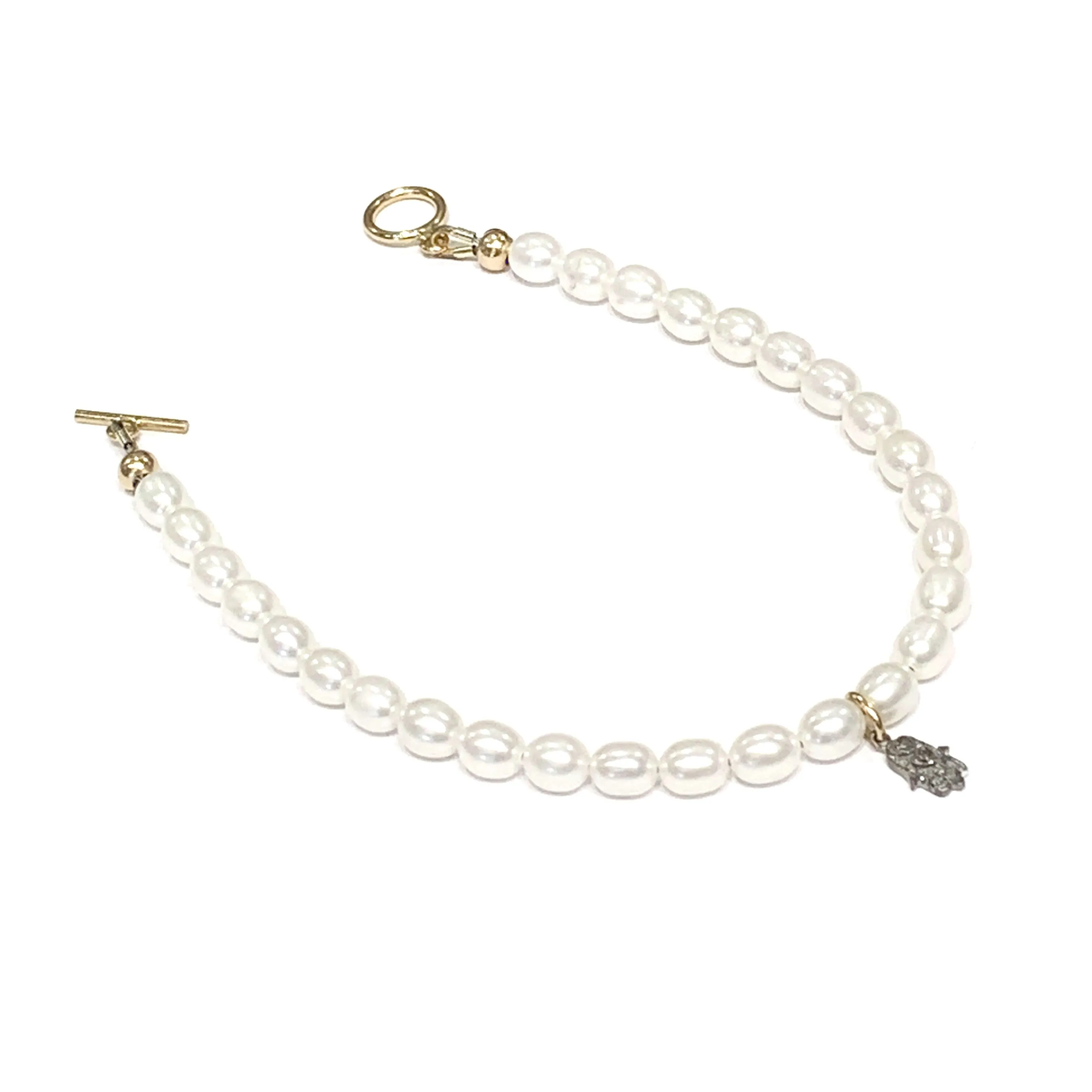 Fresh Water Pearl Diamond paved Humza charm bracelet