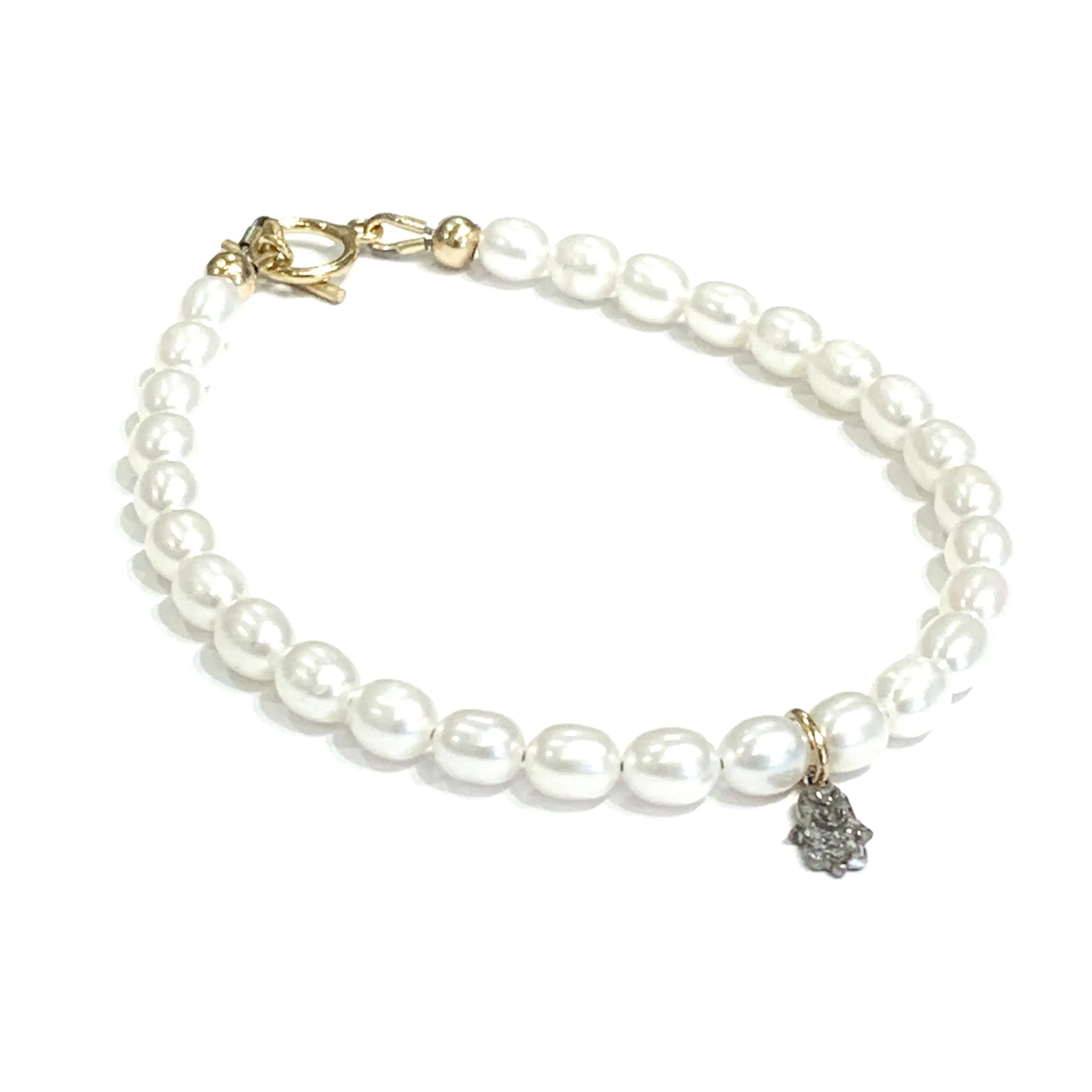 Fresh Water Pearl Diamond paved Humza charm bracelet