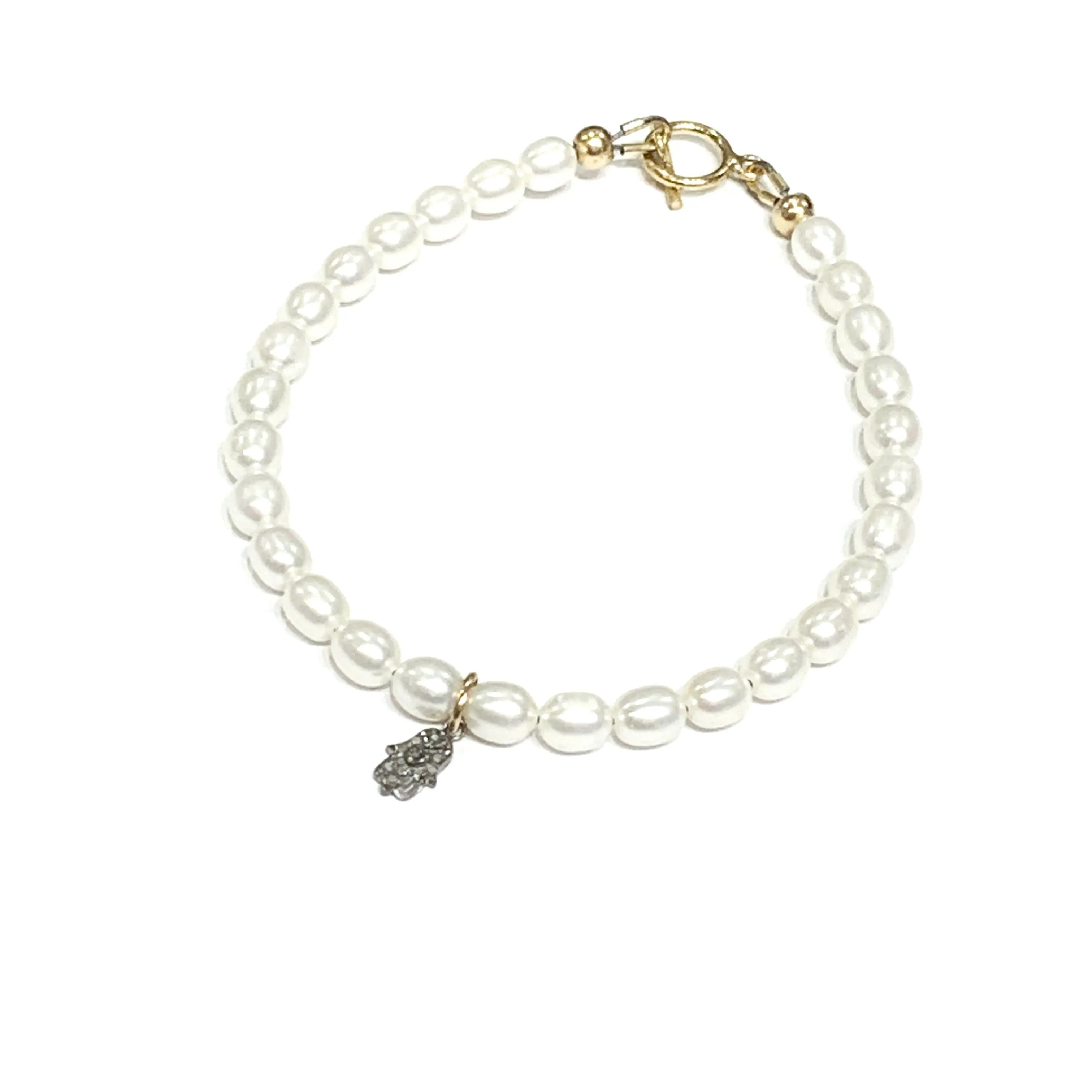 Fresh Water Pearl Diamond paved Humza charm bracelet