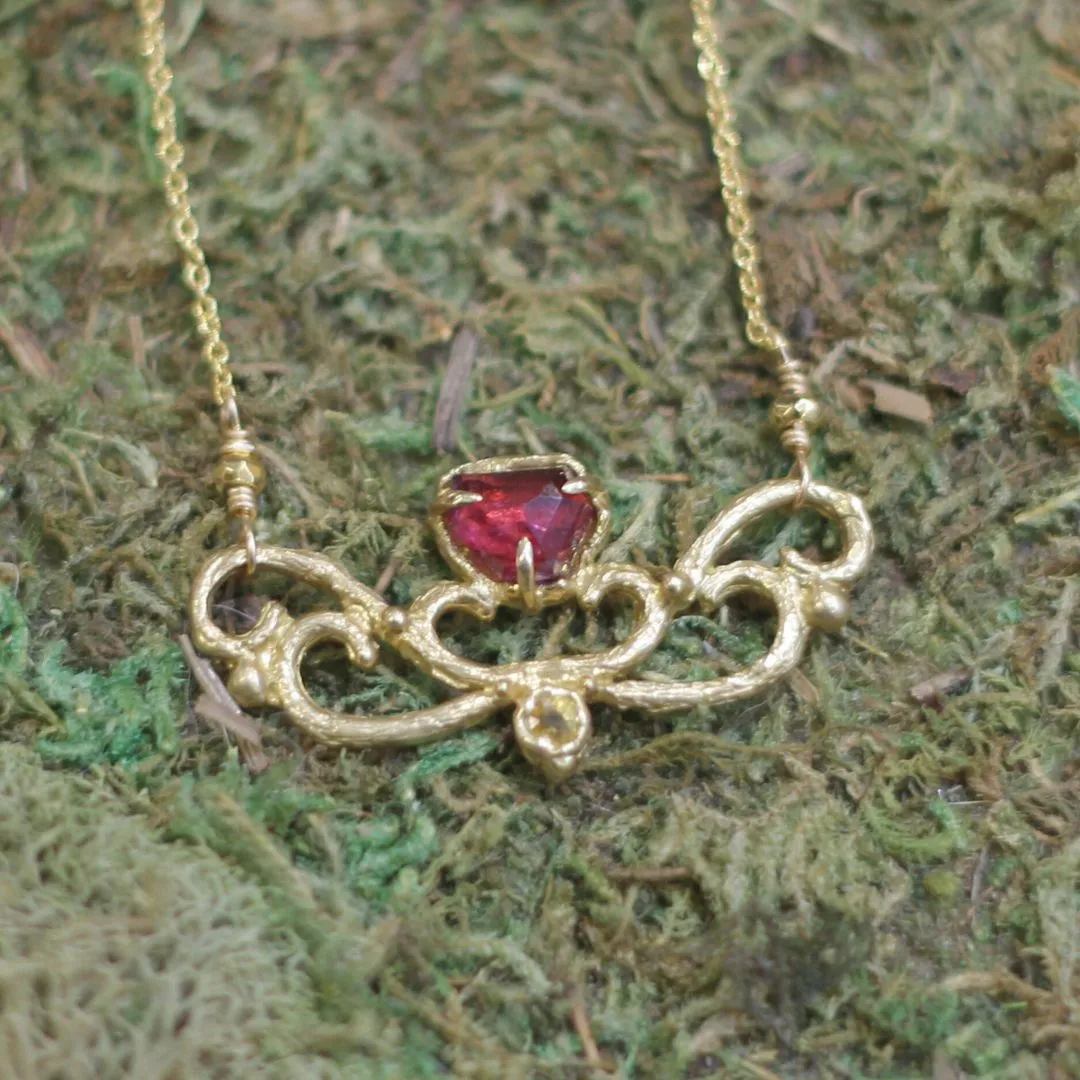 Garnet and Sapphire Organic Textured Brass Necklace