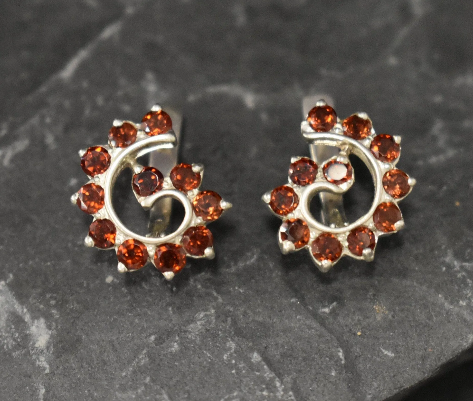 Garnet Earrings - Spiral Garnet Earrings - Swirl Silver Earrings