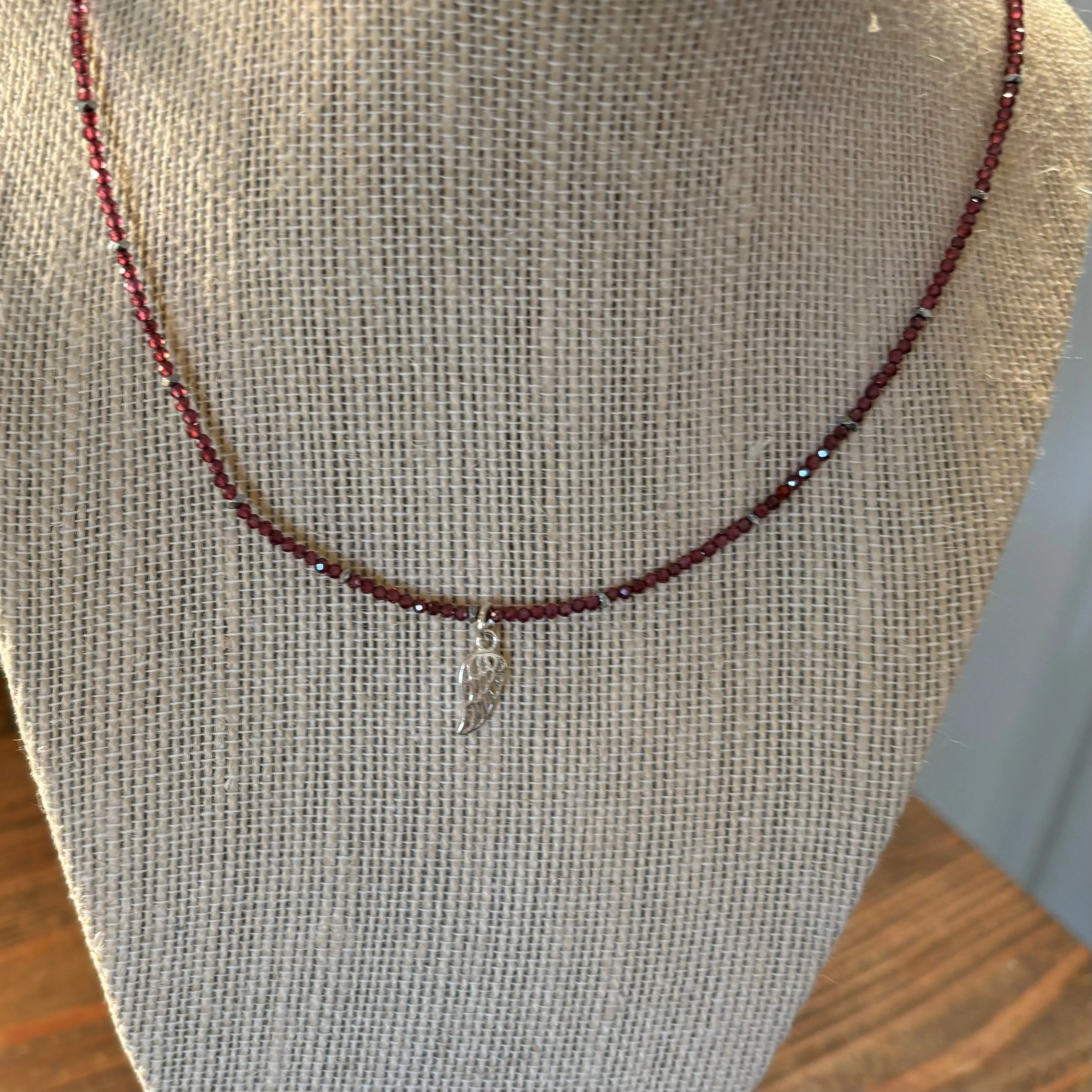 Garnet, Hematite, and  Angel Wing Necklace