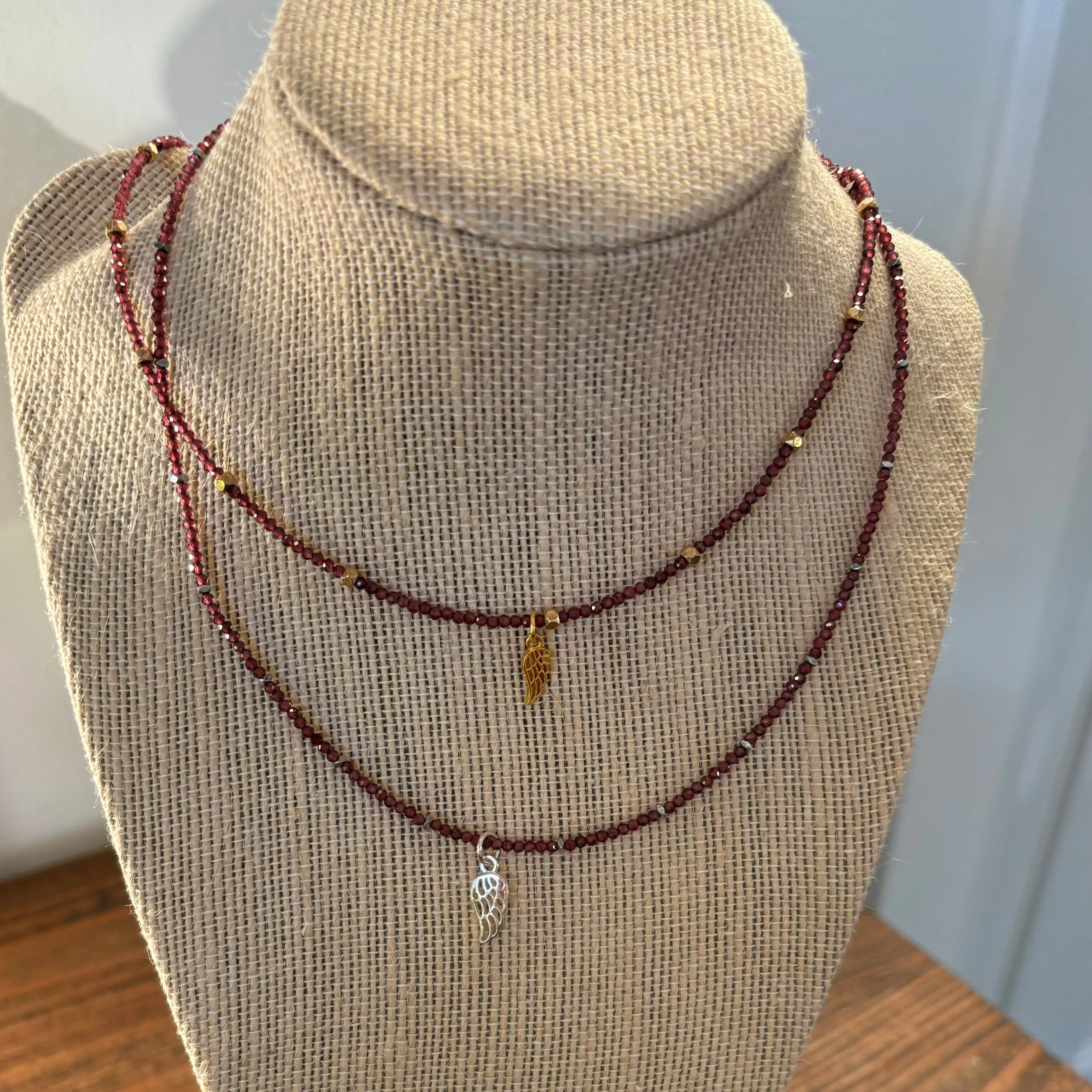 Garnet, Hematite, and  Angel Wing Necklace