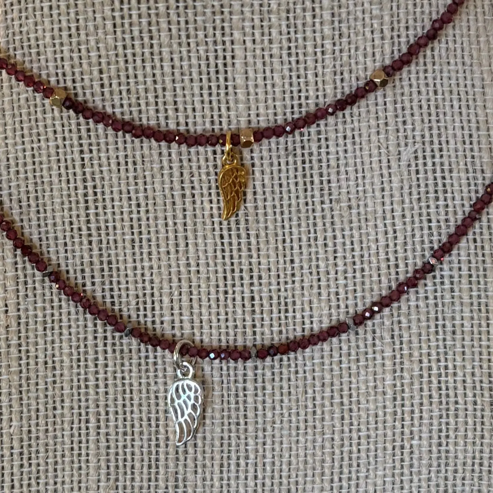Garnet, Hematite, and  Angel Wing Necklace