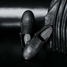 Hand-Carved Black Leather Monk Shoe