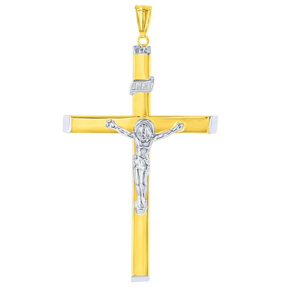 High Polish 14K Two-Tone Gold Large Cross Catholic Crucifix Pendant Necklace
