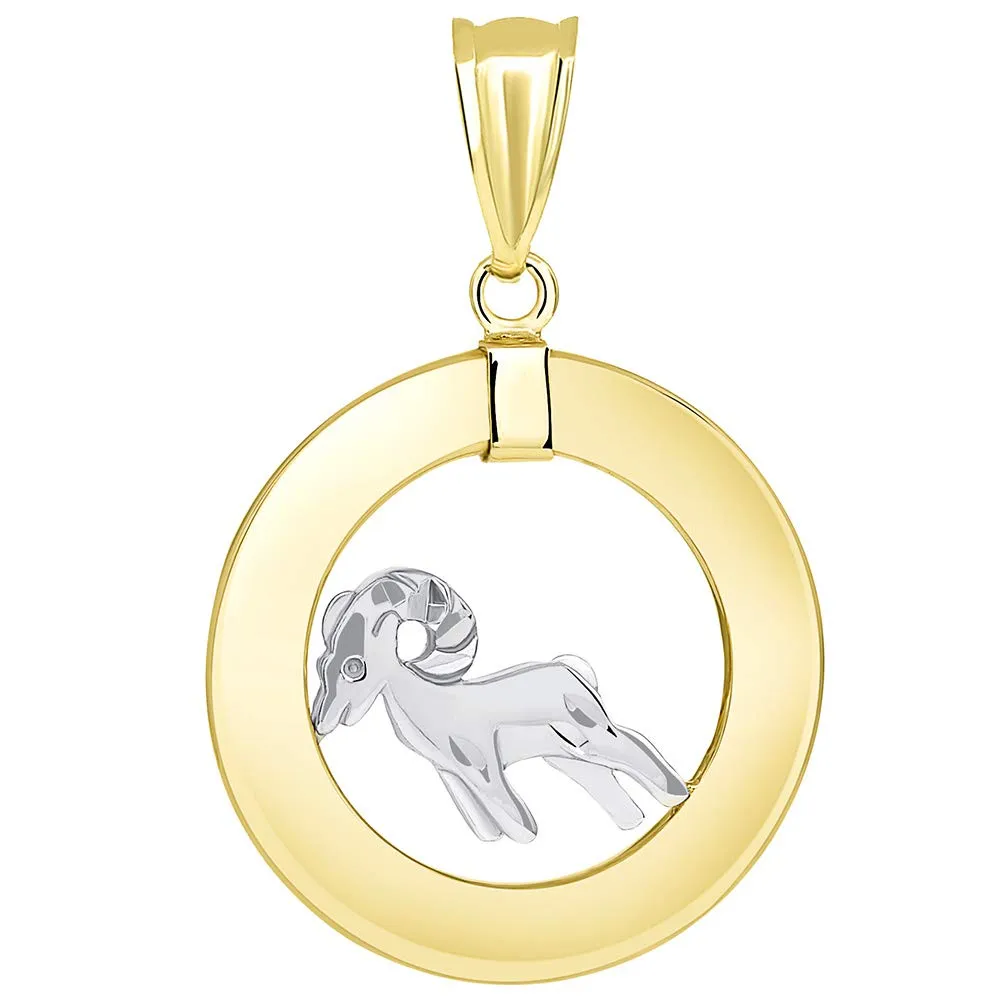 High Polish 14k Two Tone Gold Open Circle Aries Zodiac Sign Pendant Necklace