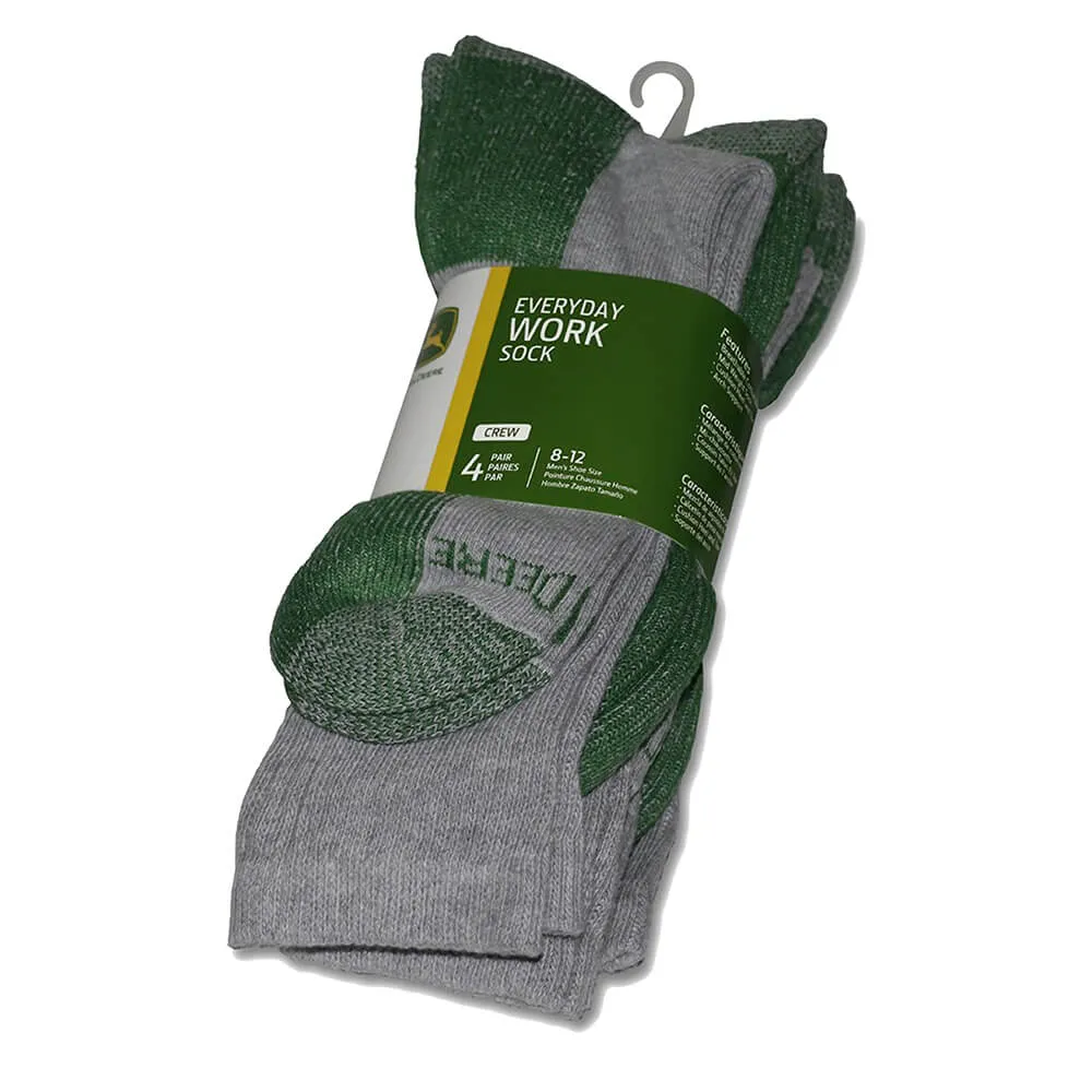 John Deere Light Heather/Grey Cotton Blend Crew Work Socks 4 Pack