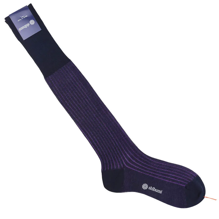 Knee Socks - Shadow Stripes - Navy / Eggplant - Pure Cotton