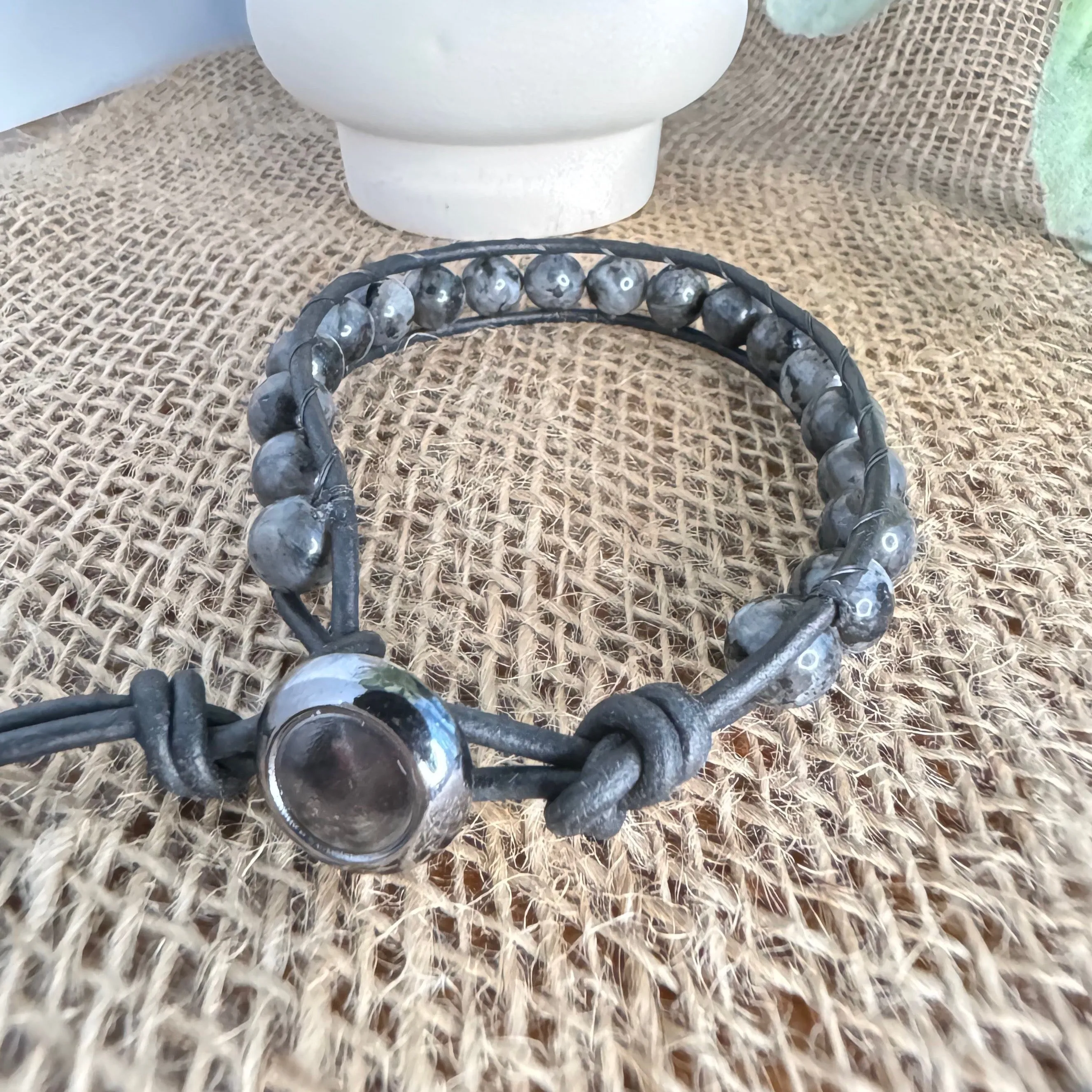 Labradorite Beaded Black Leather Bracelet - Energy and Intuition