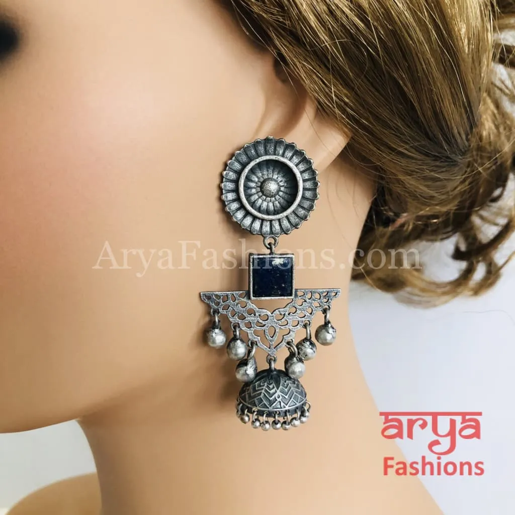 Long Pink Green Silver Oxidized Jhumka Earrings