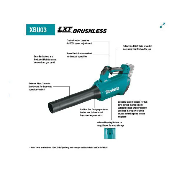 Makita® XBU03SM1 Brushless Cordless Blower Kit, Tool/Kit: Kit, 18 V, 459 cfm Air Flow, Lithium-Ion Battery, 4 Ah