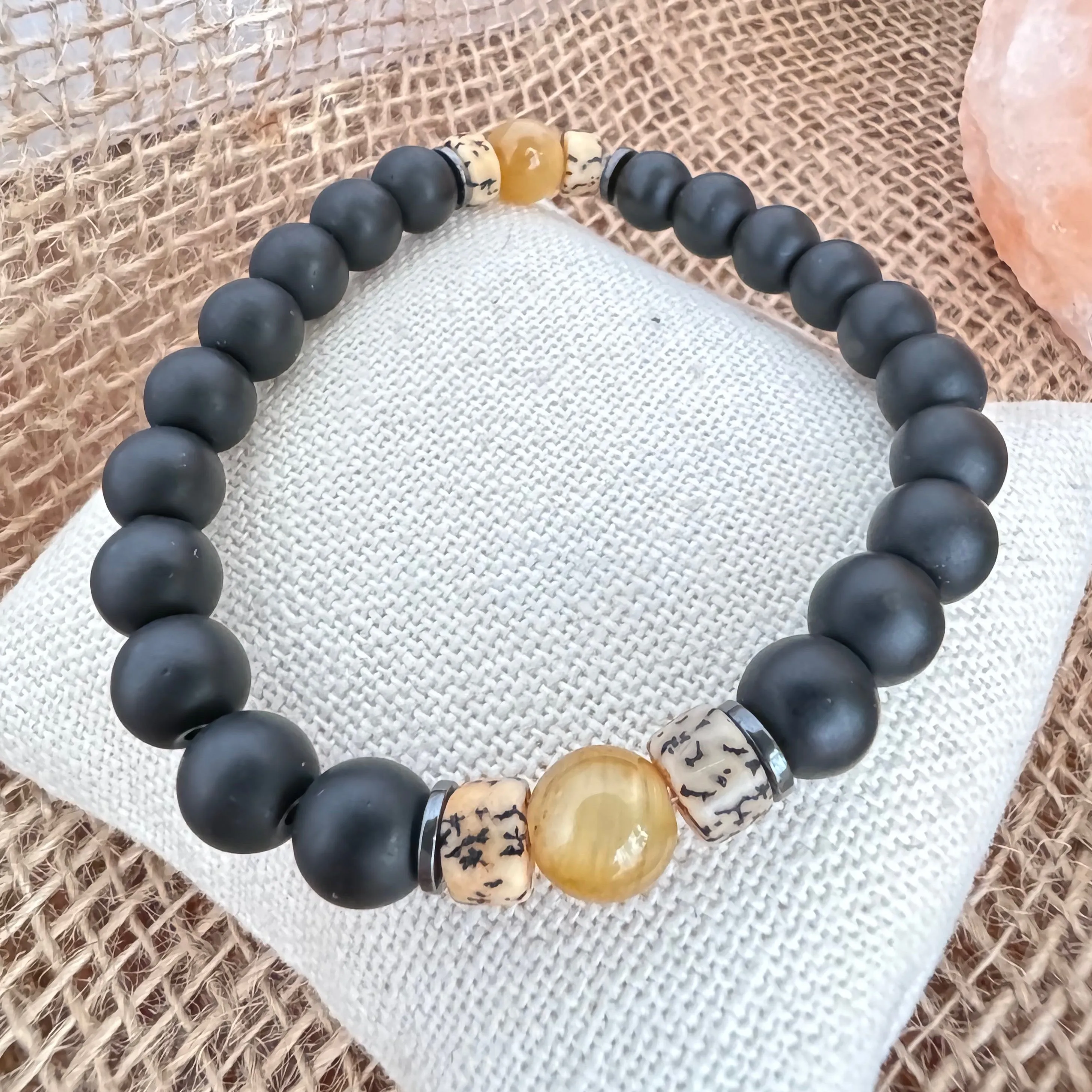 Matte Black Onyx with Gold Tiger Eye Beaded Stretch Bracelet 8mm - Strengthen & Stamina