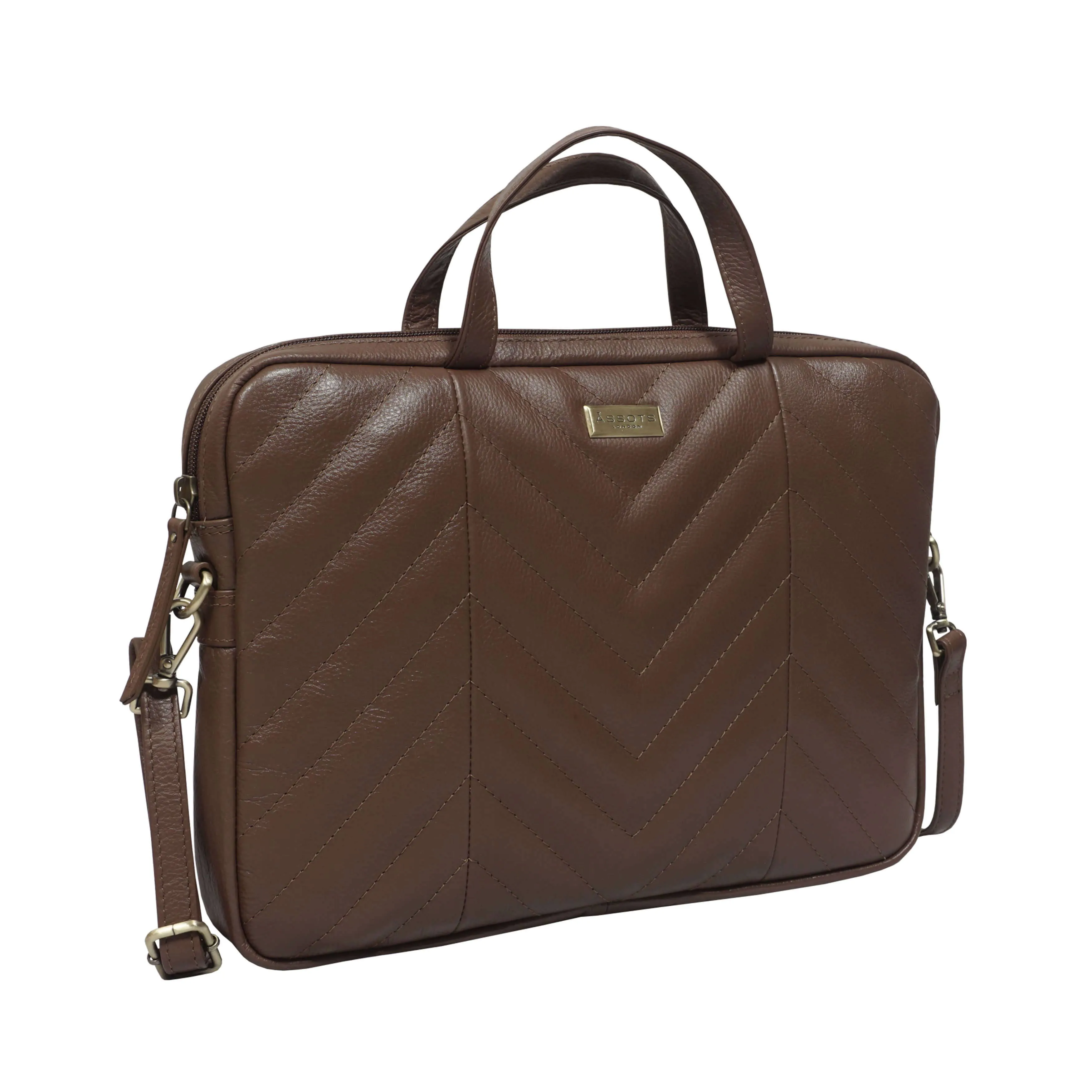 'MAYA' Tan Quilted Soft Pebble Grain Leather Laptop Crossbody Bag