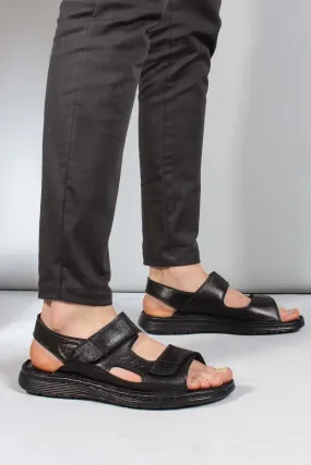 Men's Black Leather Velcro Strap Sandals with Cushioned Sole - Wessi