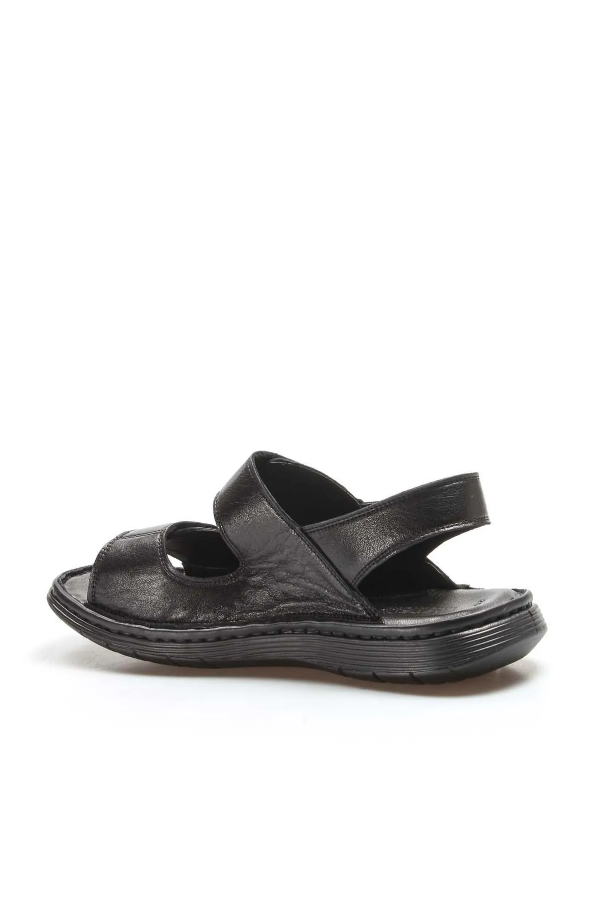 Men's Black Leather Velcro Strap Sandals with Cushioned Sole - Wessi