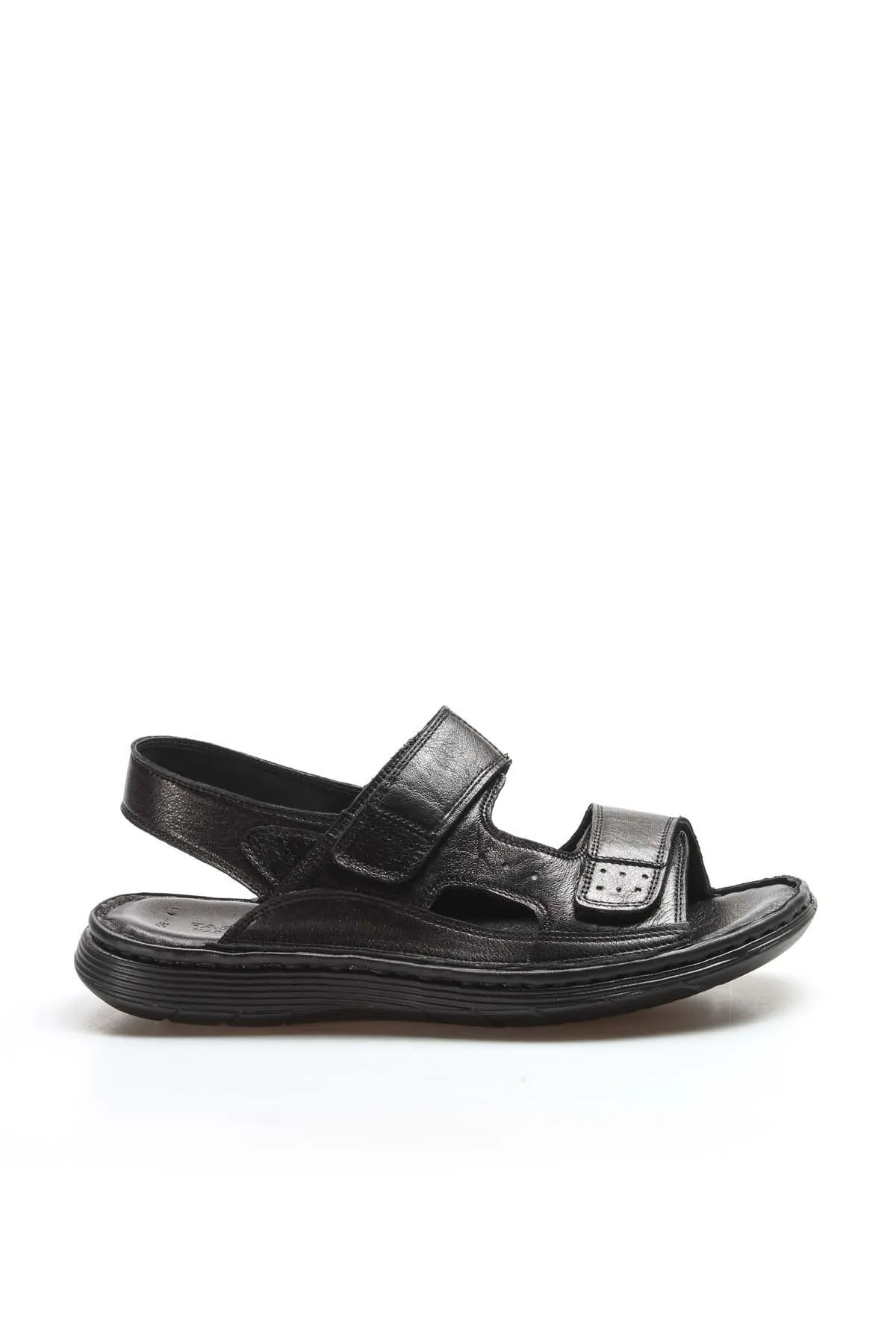 Men's Black Leather Velcro Strap Sandals with Cushioned Sole - Wessi
