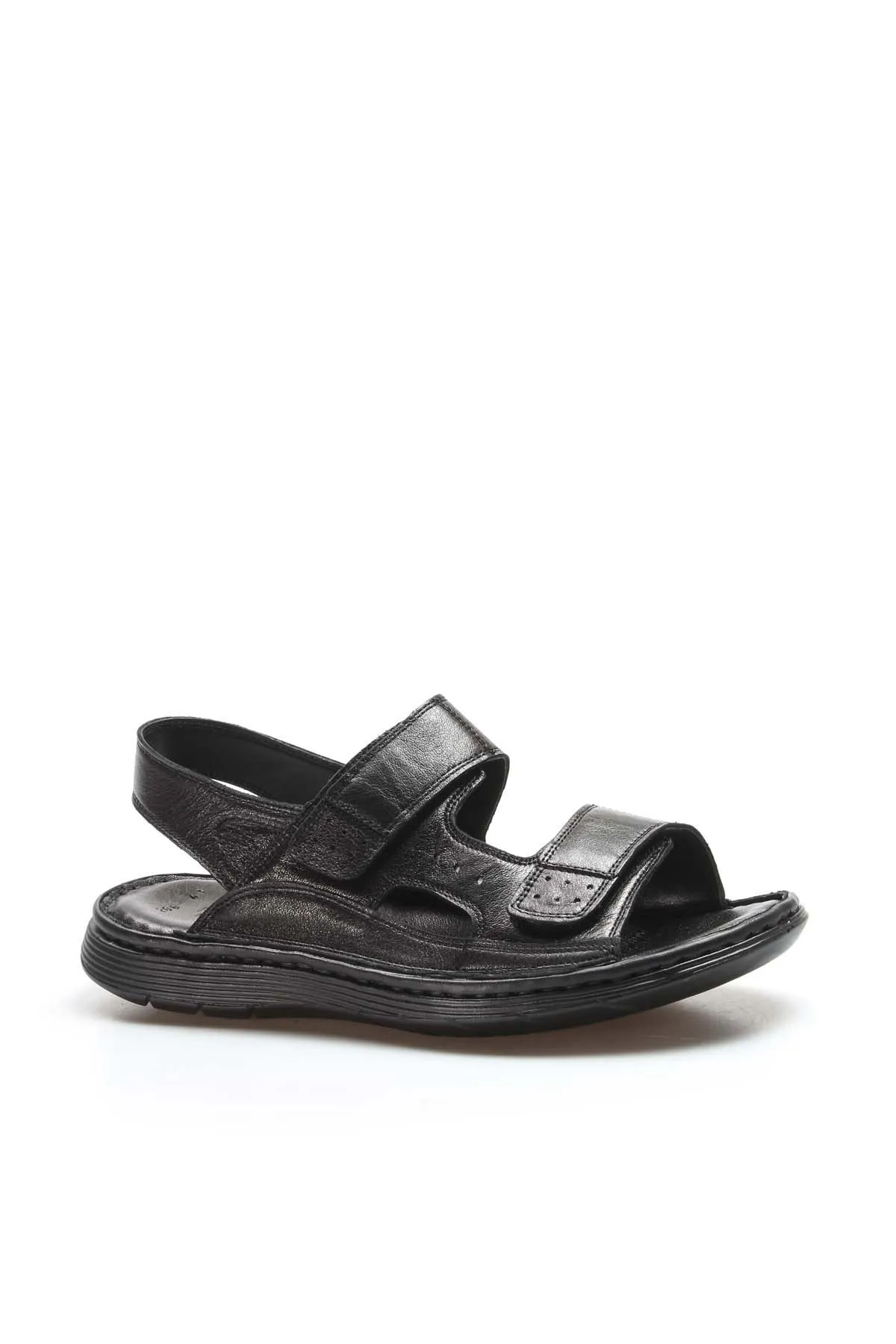 Men's Black Leather Velcro Strap Sandals with Cushioned Sole - Wessi