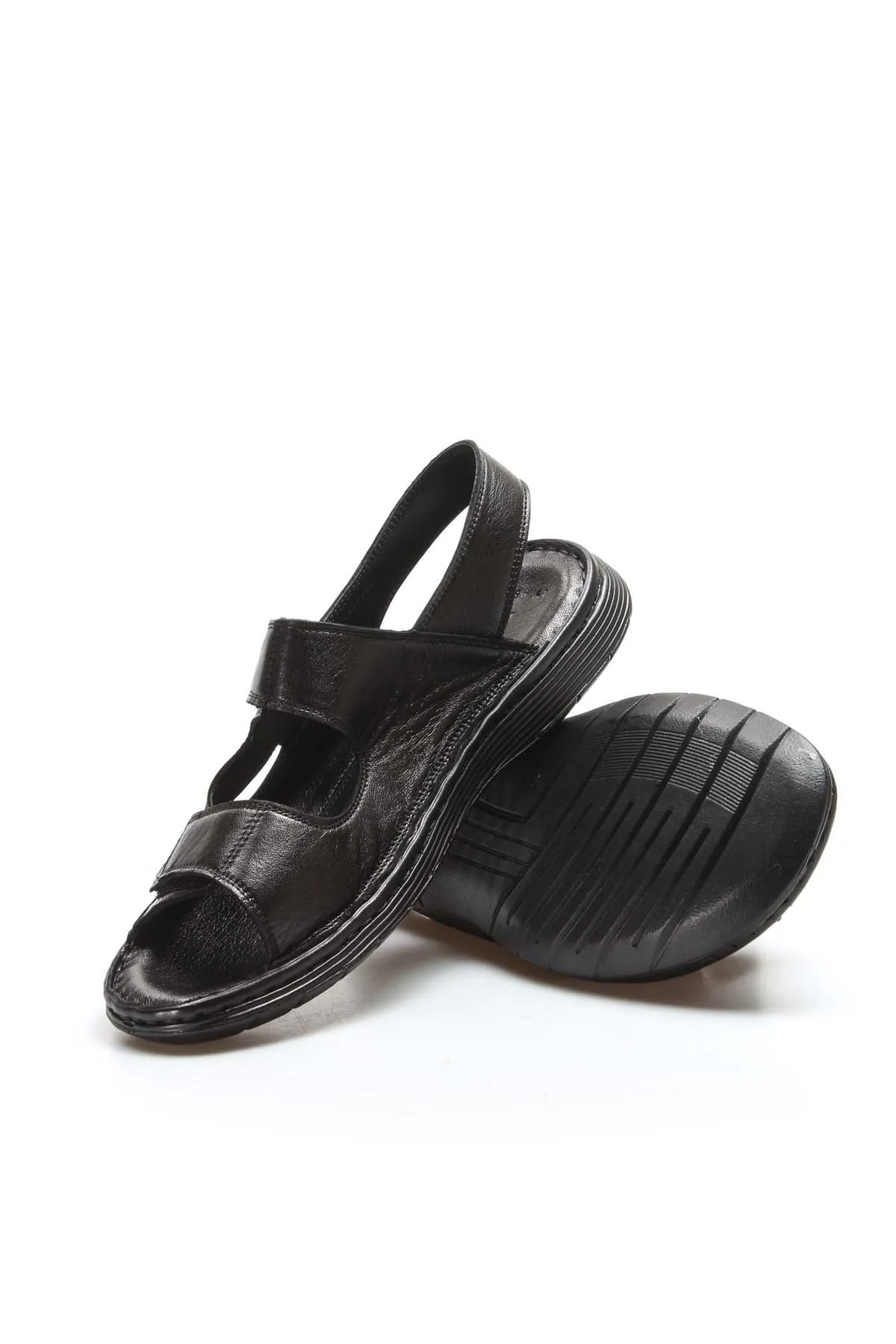 Men's Black Leather Velcro Strap Sandals with Cushioned Sole - Wessi