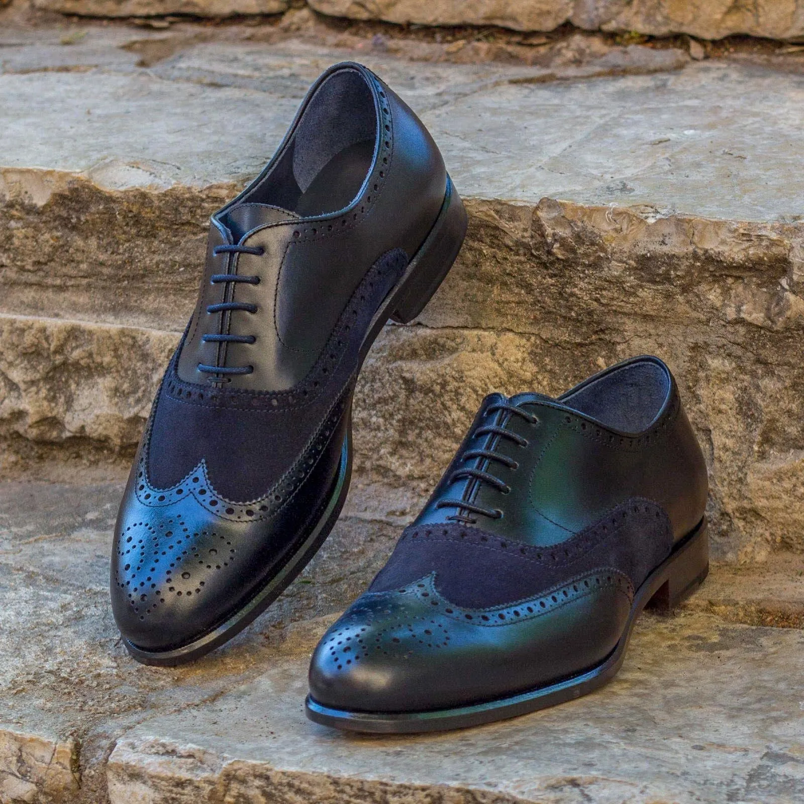 Men's Full Brogue Leather Shoes Wide Plus Size Black Blue 2068