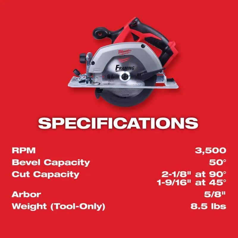 Milwaukee M18 6-1/2 in. Cordless Brushed Circular Saw Tool Only