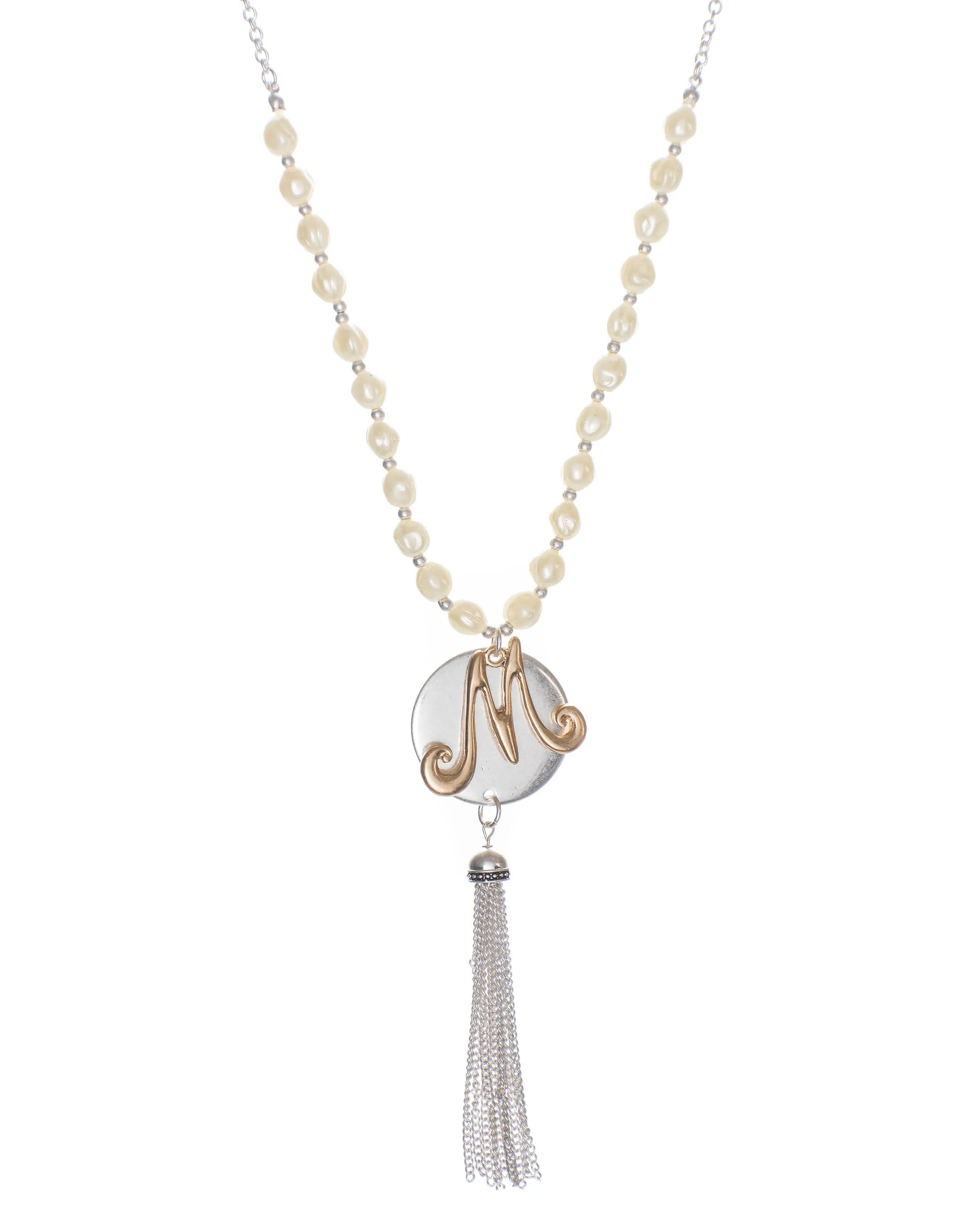Monogram Two-Tone Medallion Necklace with Imitation Pearls & Dangling Tassle