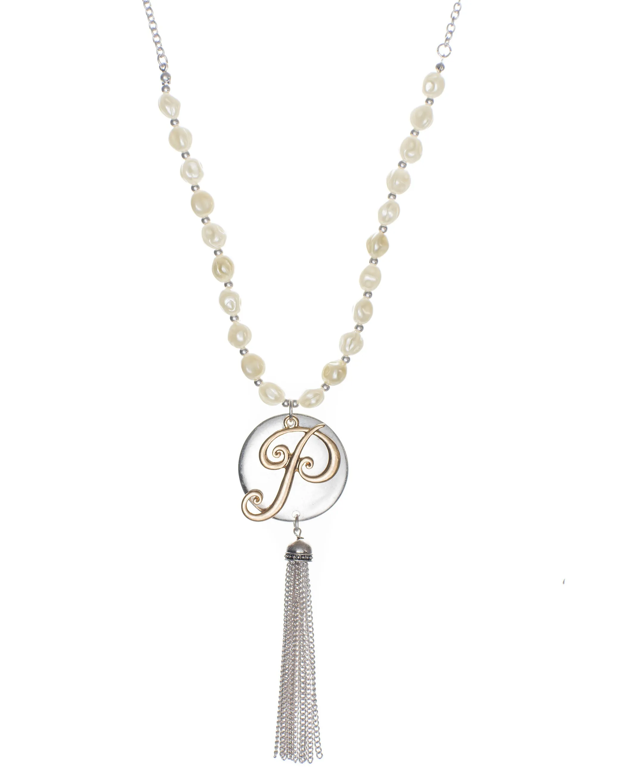 Monogram Two-Tone Medallion Necklace with Imitation Pearls & Dangling Tassle
