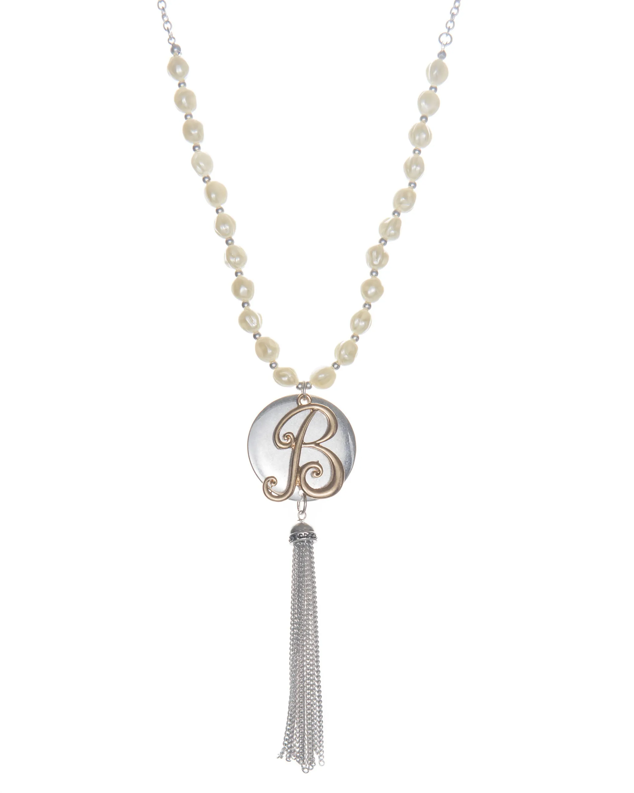 Monogram Two-Tone Medallion Necklace with Imitation Pearls & Dangling Tassle