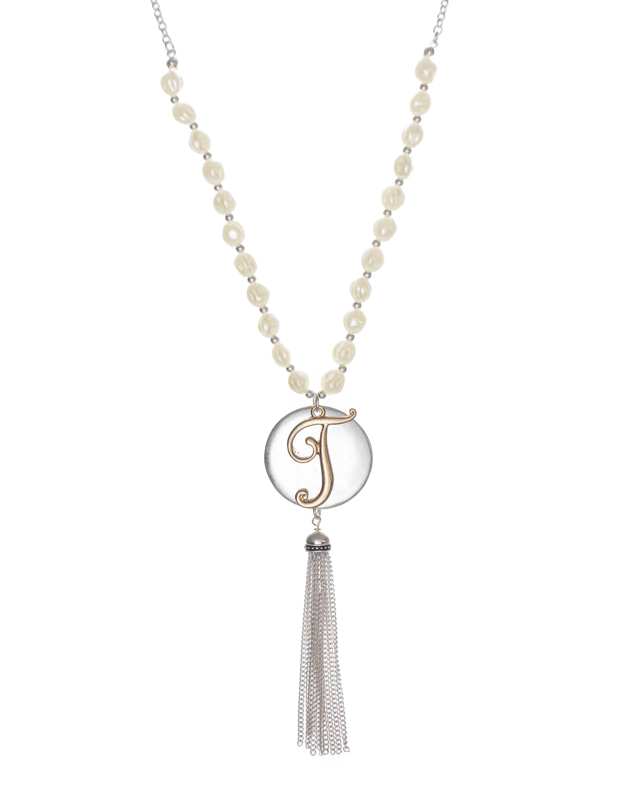 Monogram Two-Tone Medallion Necklace with Imitation Pearls & Dangling Tassle