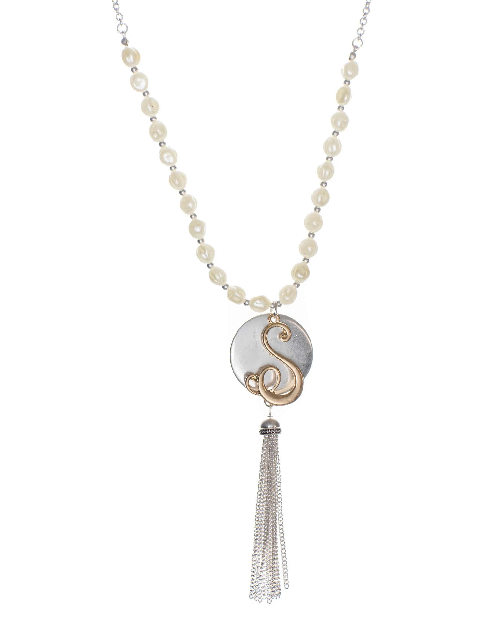 Monogram Two-Tone Medallion Necklace with Imitation Pearls & Dangling Tassle