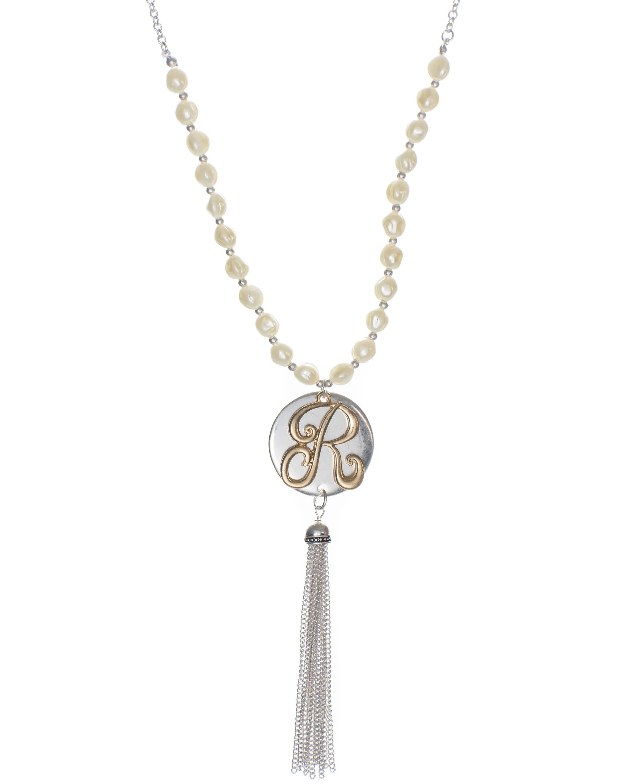 Monogram Two-Tone Medallion Necklace with Imitation Pearls & Dangling Tassle