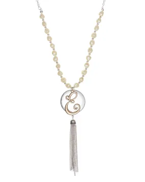 Monogram Two-Tone Medallion Necklace with Imitation Pearls & Dangling Tassle