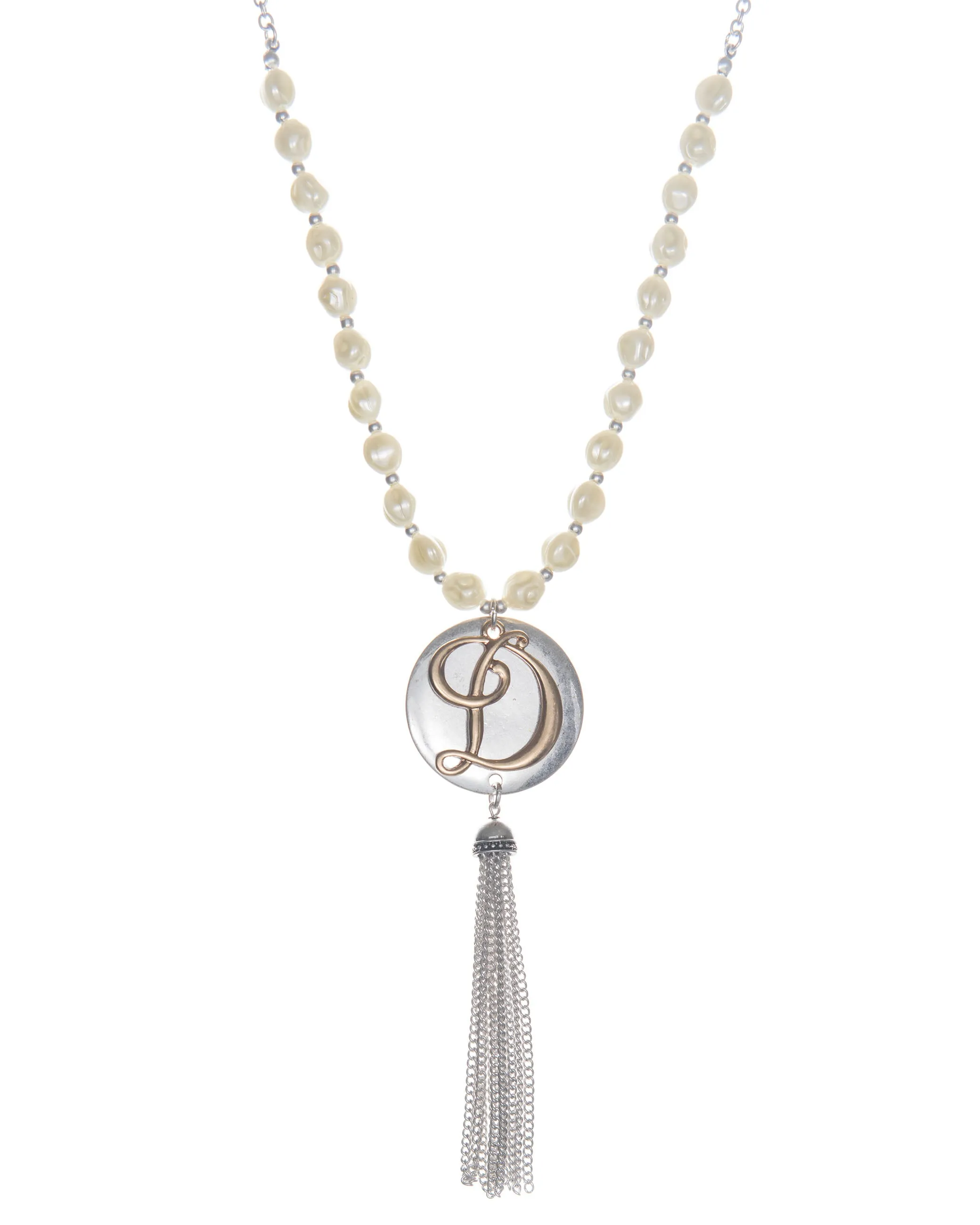 Monogram Two-Tone Medallion Necklace with Imitation Pearls & Dangling Tassle