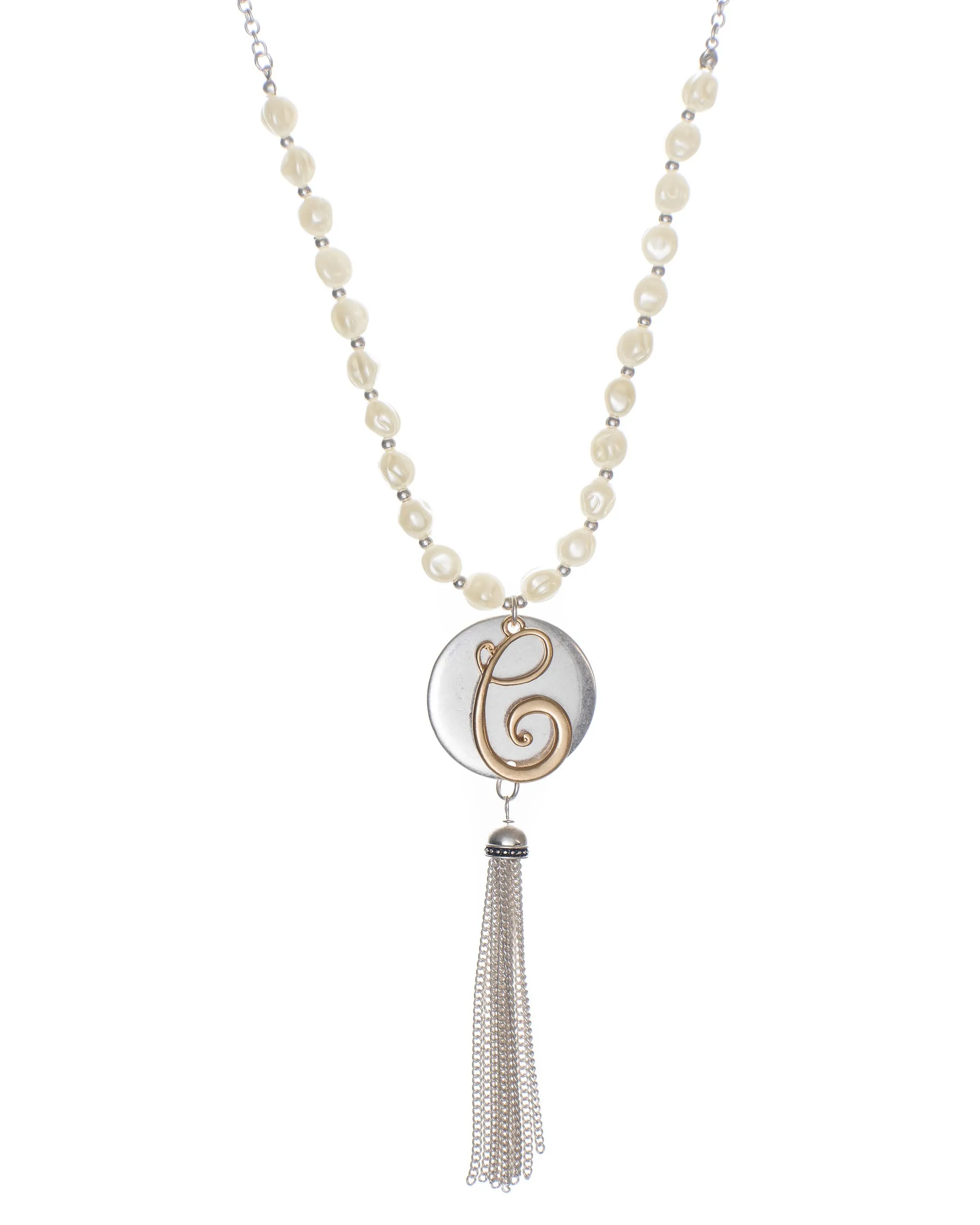 Monogram Two-Tone Medallion Necklace with Imitation Pearls & Dangling Tassle