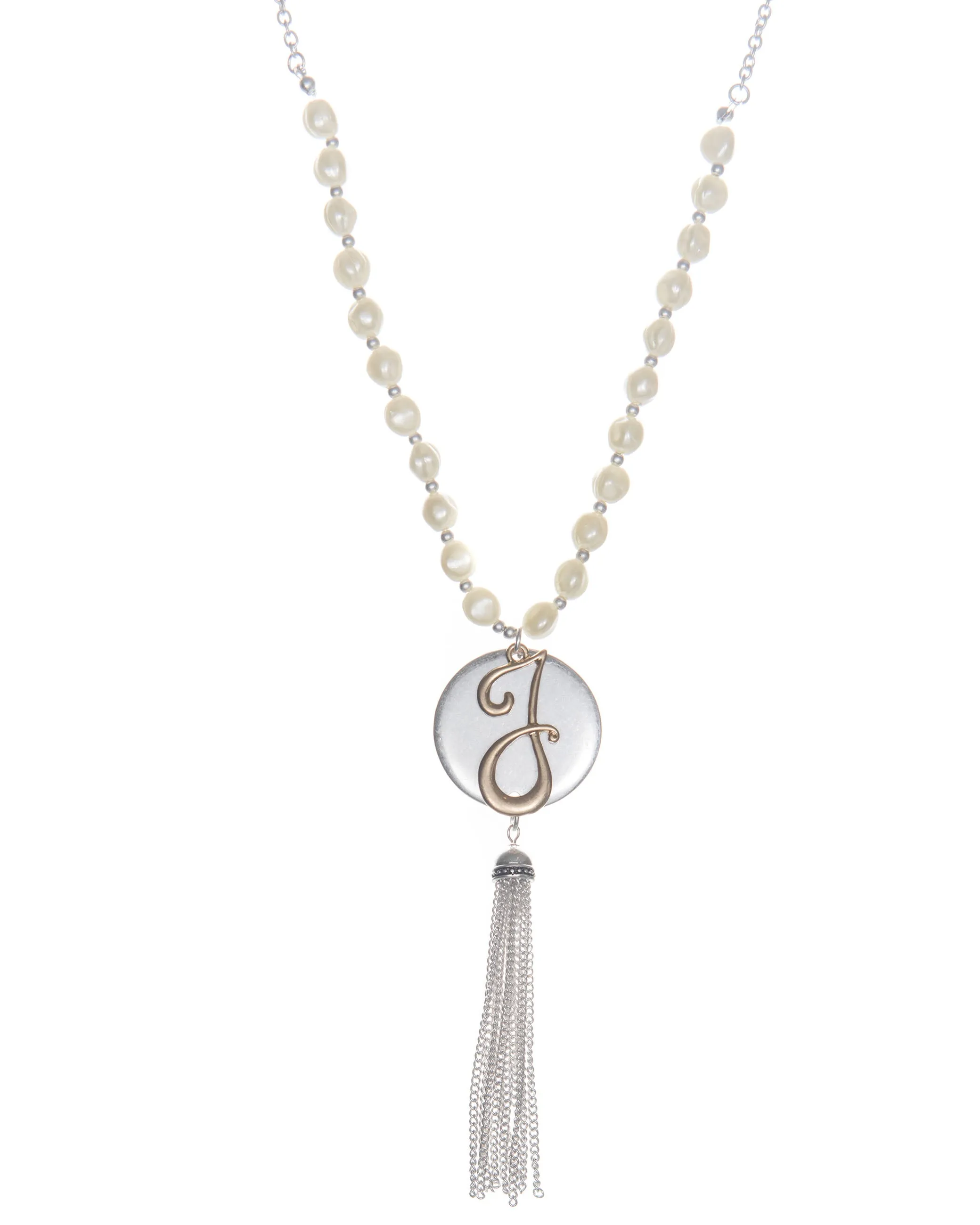 Monogram Two-Tone Medallion Necklace with Imitation Pearls & Dangling Tassle