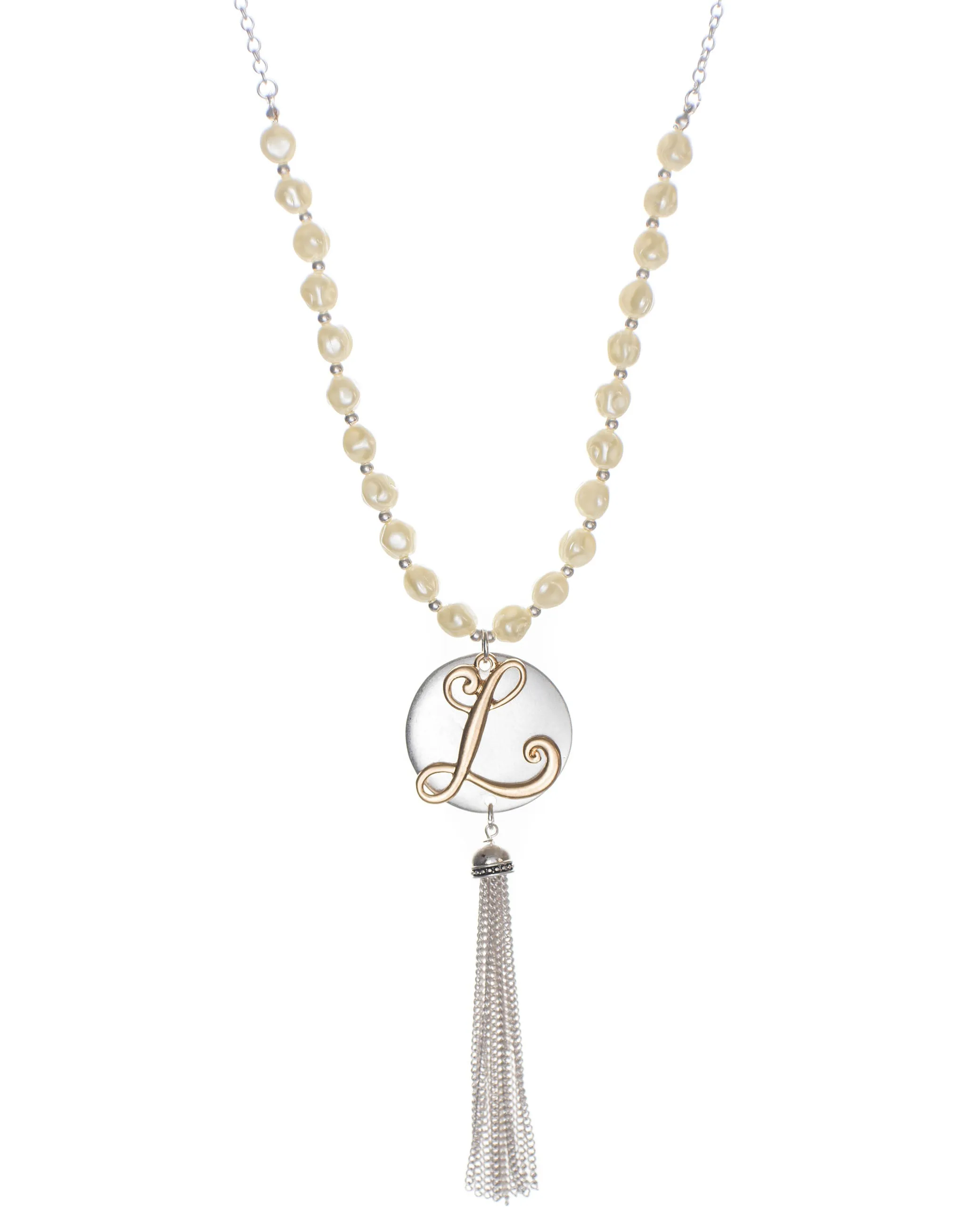 Monogram Two-Tone Medallion Necklace with Imitation Pearls & Dangling Tassle