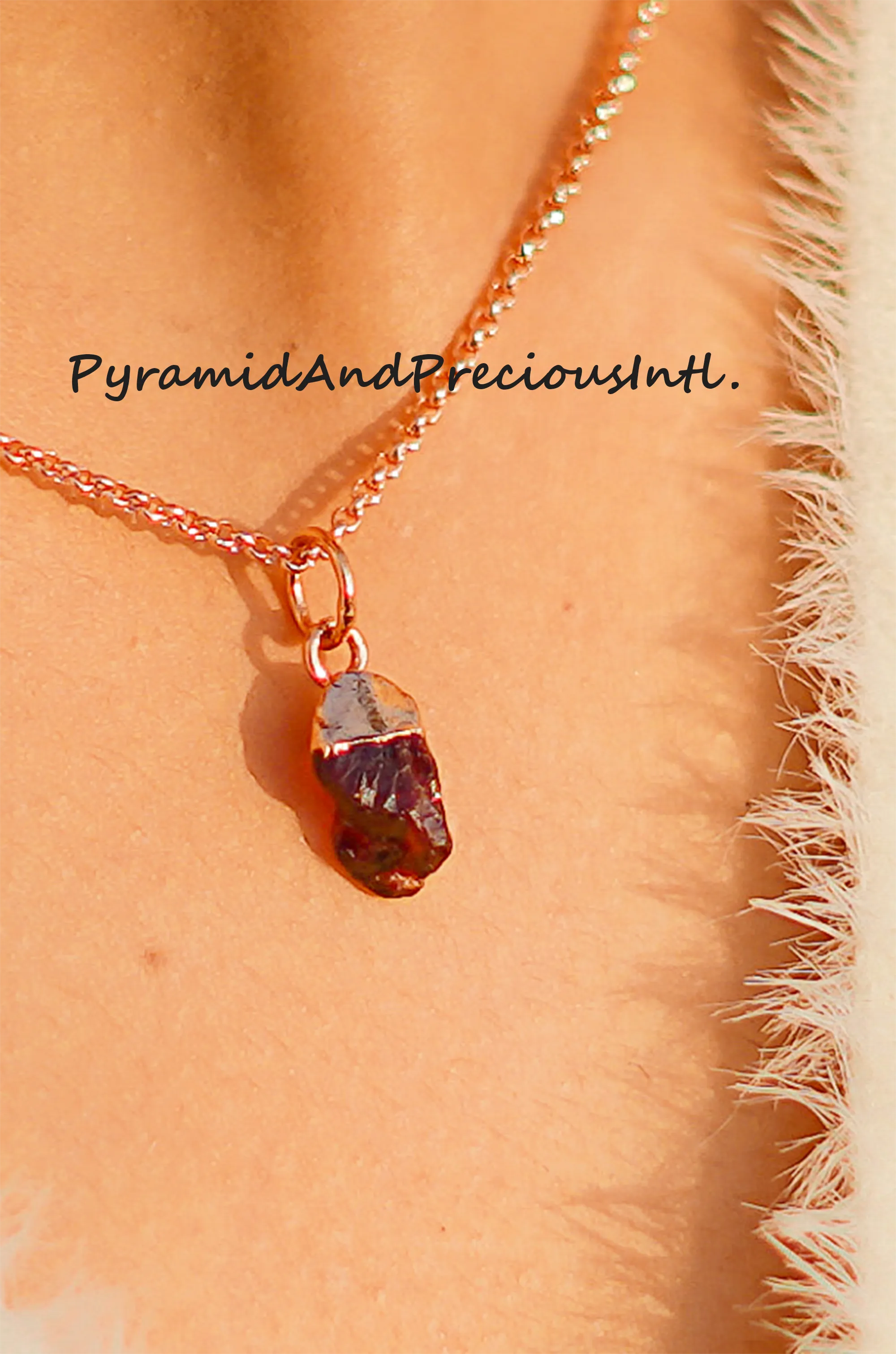 Natural Raw Garnet Copper Plated Pendant Necklace, January Birthstone, Sold By Piece