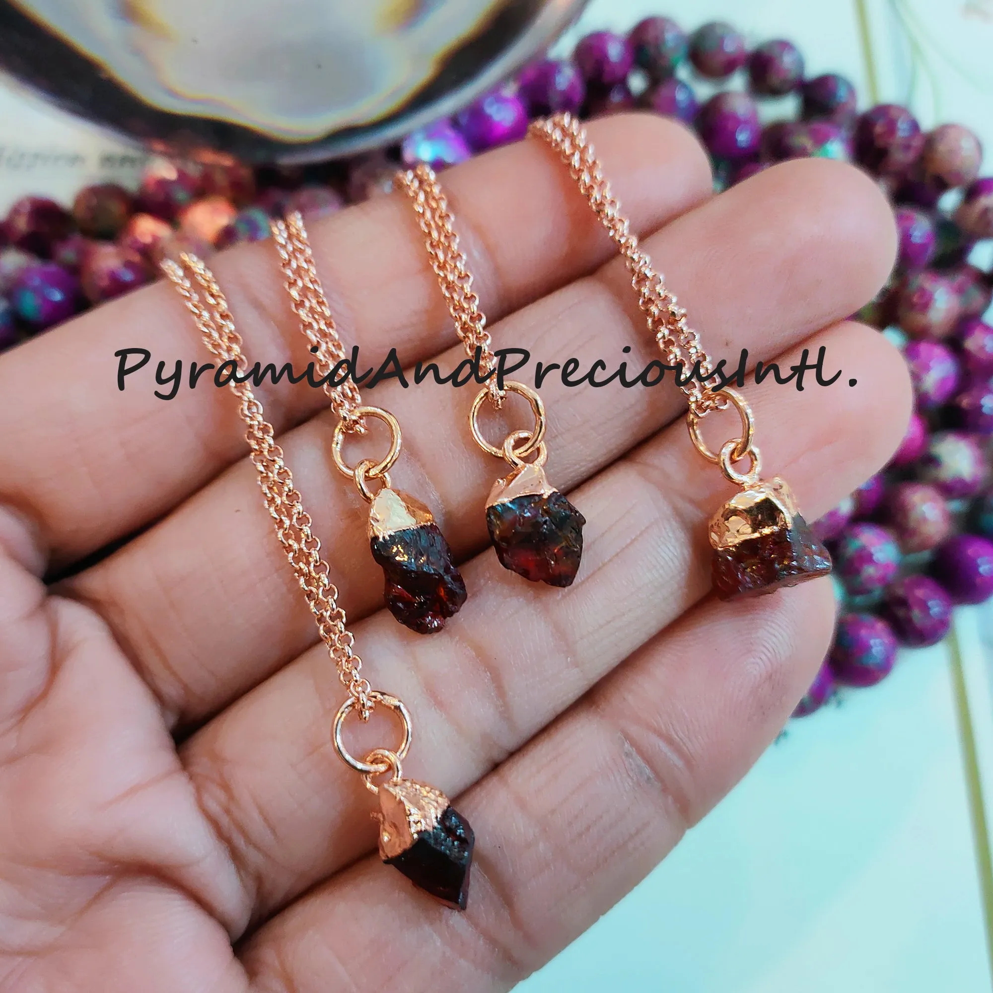 Natural Raw Garnet Copper Plated Pendant Necklace, January Birthstone, Sold By Piece