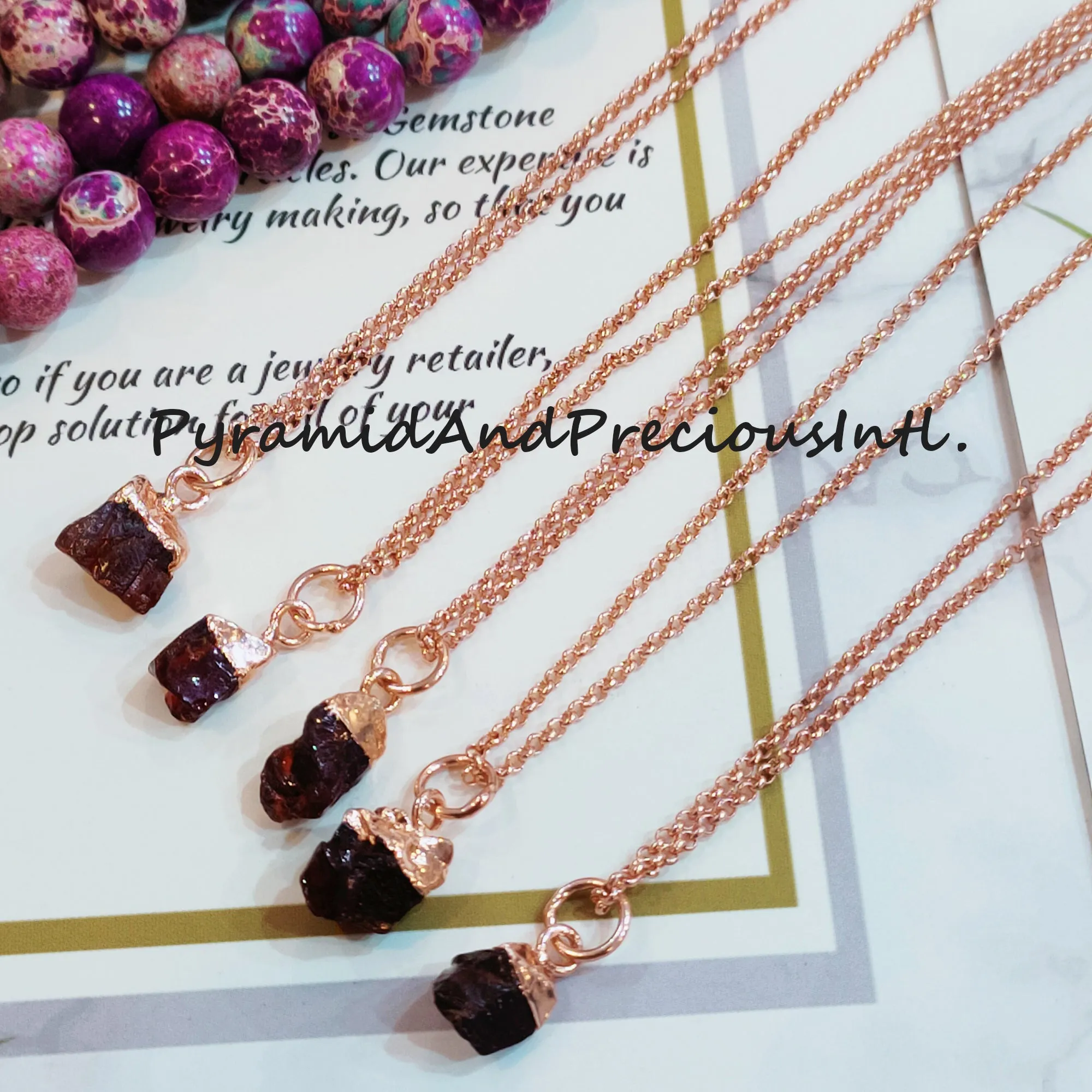 Natural Raw Garnet Copper Plated Pendant Necklace, January Birthstone, Sold By Piece