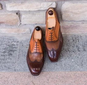 New Handmade Men's Multi Tone Brown Leather Shoes, Lace Up Wing Tip Brogue Formal Shoes