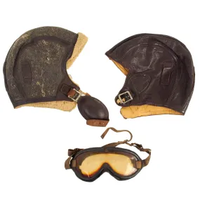 Original WWII U.S. Navy Flight Helmet & Goggle Set - Leather NAF 1092 & NAF 1092W Helmets