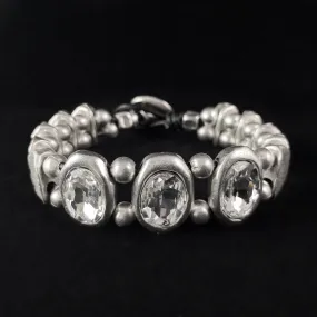 Oval Crystal Bracelet with Silver Abstract Beads and Leather Closure, Handmade, Nickel Free-Noir