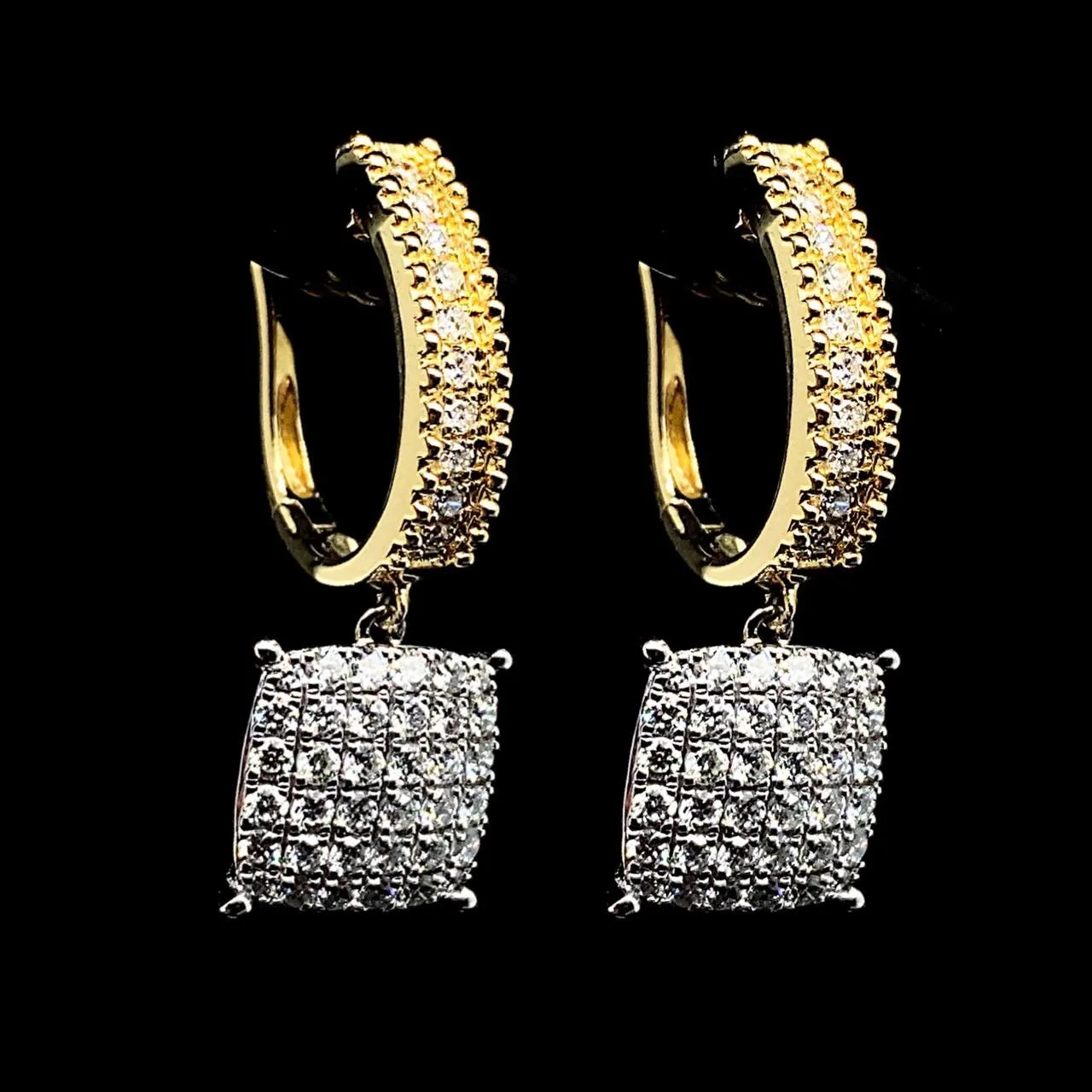 PREORDER | Multi-Tone Cushion Paved Hoop Dangling Diamond Earrings 14kt