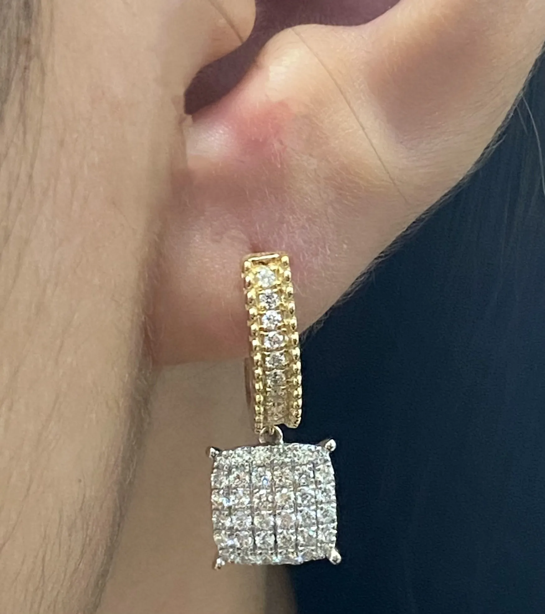 PREORDER | Multi-Tone Cushion Paved Hoop Dangling Diamond Earrings 14kt