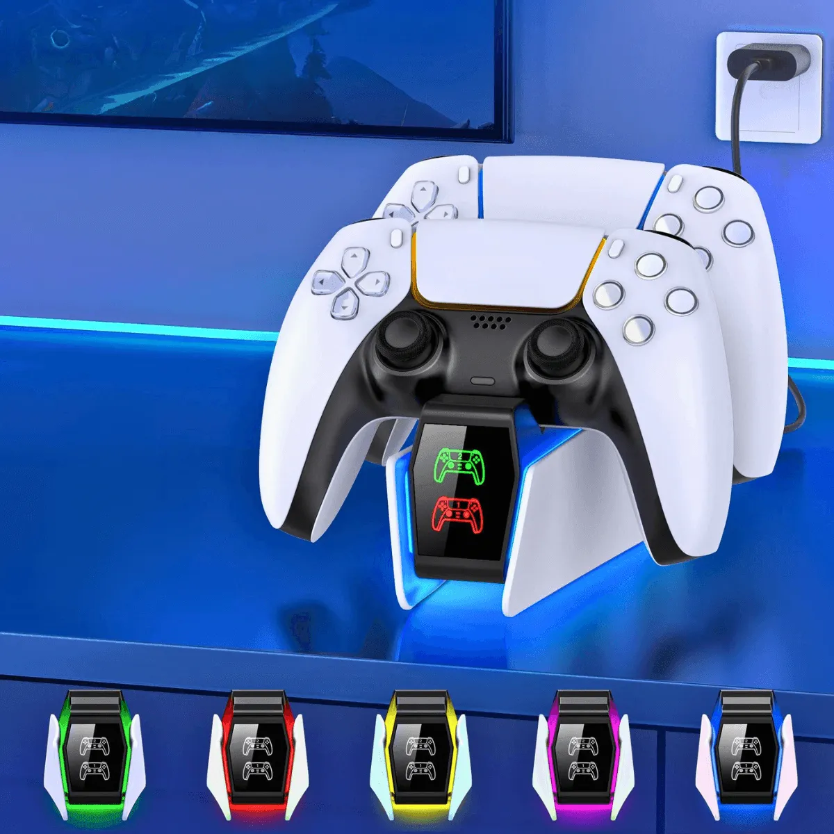 PS5 Controllers Charging Stand – Dual Fast Charging with LED Indicators and RGB Lighting, Sleek Design for Efficient Charging and Aesthetic Appeal