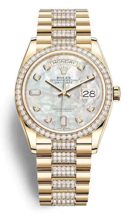 Rolex Day-Date 36 Mother of Pearl Dial 18kt Yellow Gold Diamond Set President Watch 128348MDDP